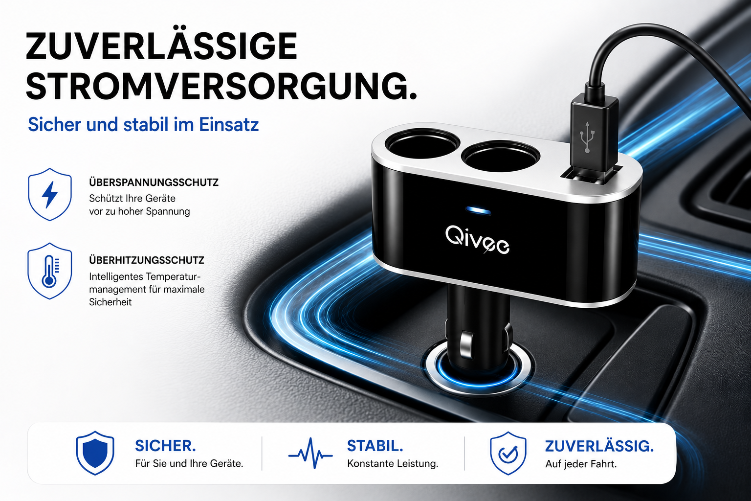 Ein schwarzer USB-Autoladegerät mit zwei Steckdosen steckt in der Autosteckdose, umgeben von Text und blauen Lichteffekten.