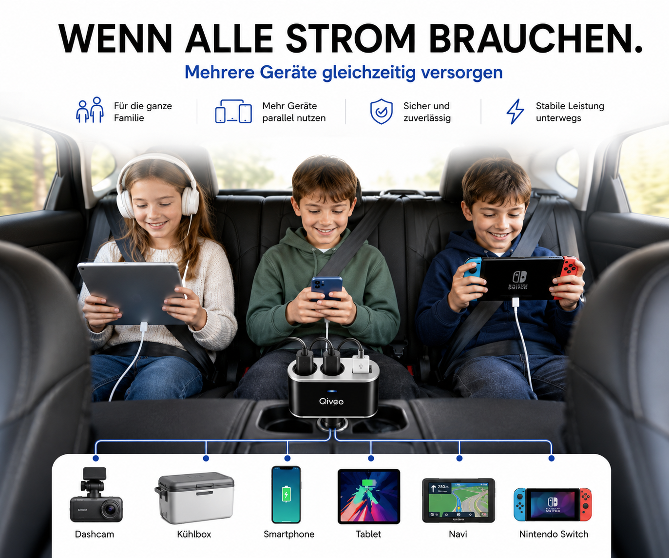 Drei Kinder auf dem Rücksitz nutzen ein Mehrfach-Ladegerät für Tablet, Smartphone und Konsole.