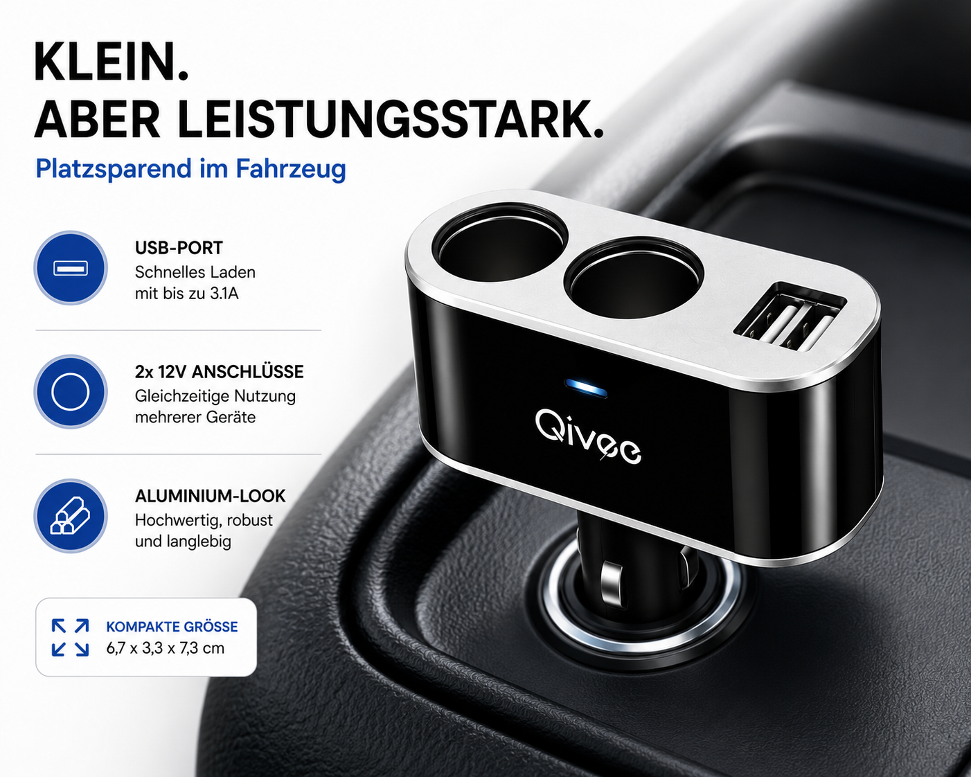 Ein schwarzer Qivec USB-Autoadapter mit zwei 12V-Anschlüssen und zwei USB-Ports in einem Fahrzeug.