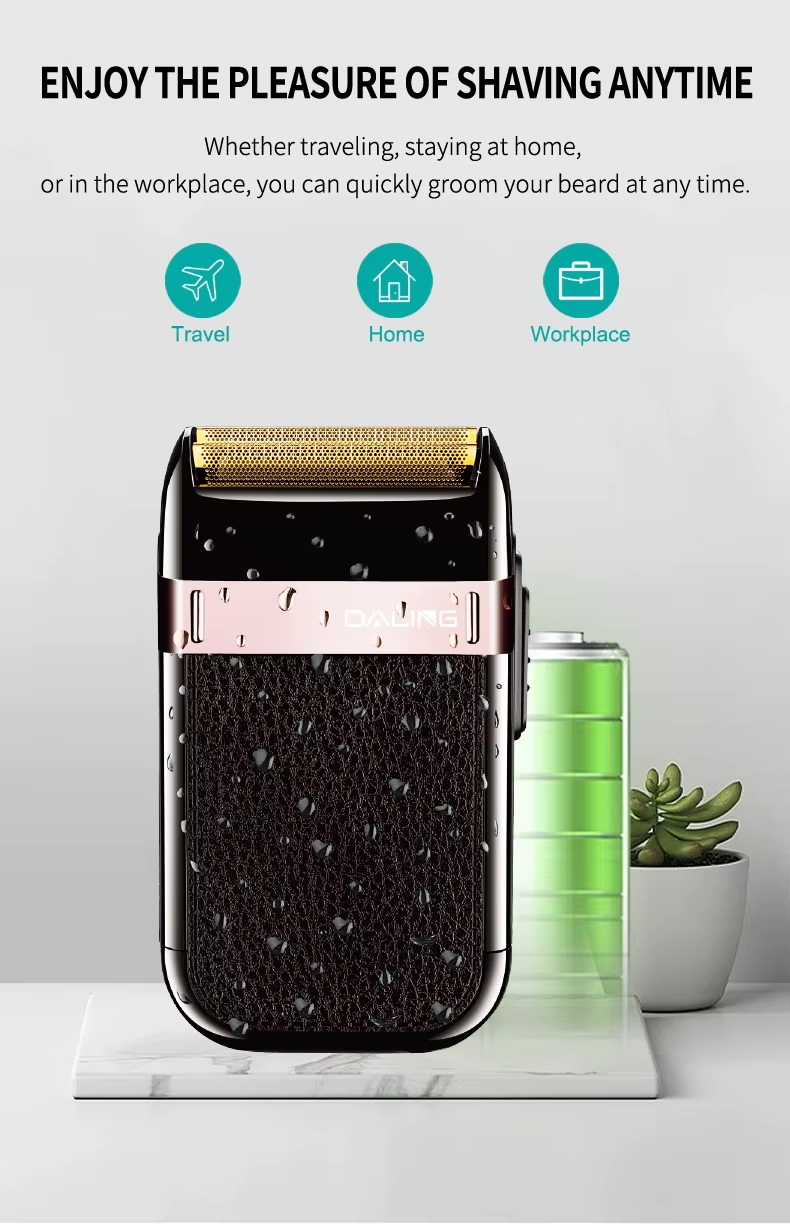 Ein tragbarer elektrischer Rasierer mit Wassertropfen, Akku-Symbol und Text für Reisen, Zuhause und Arbeit.