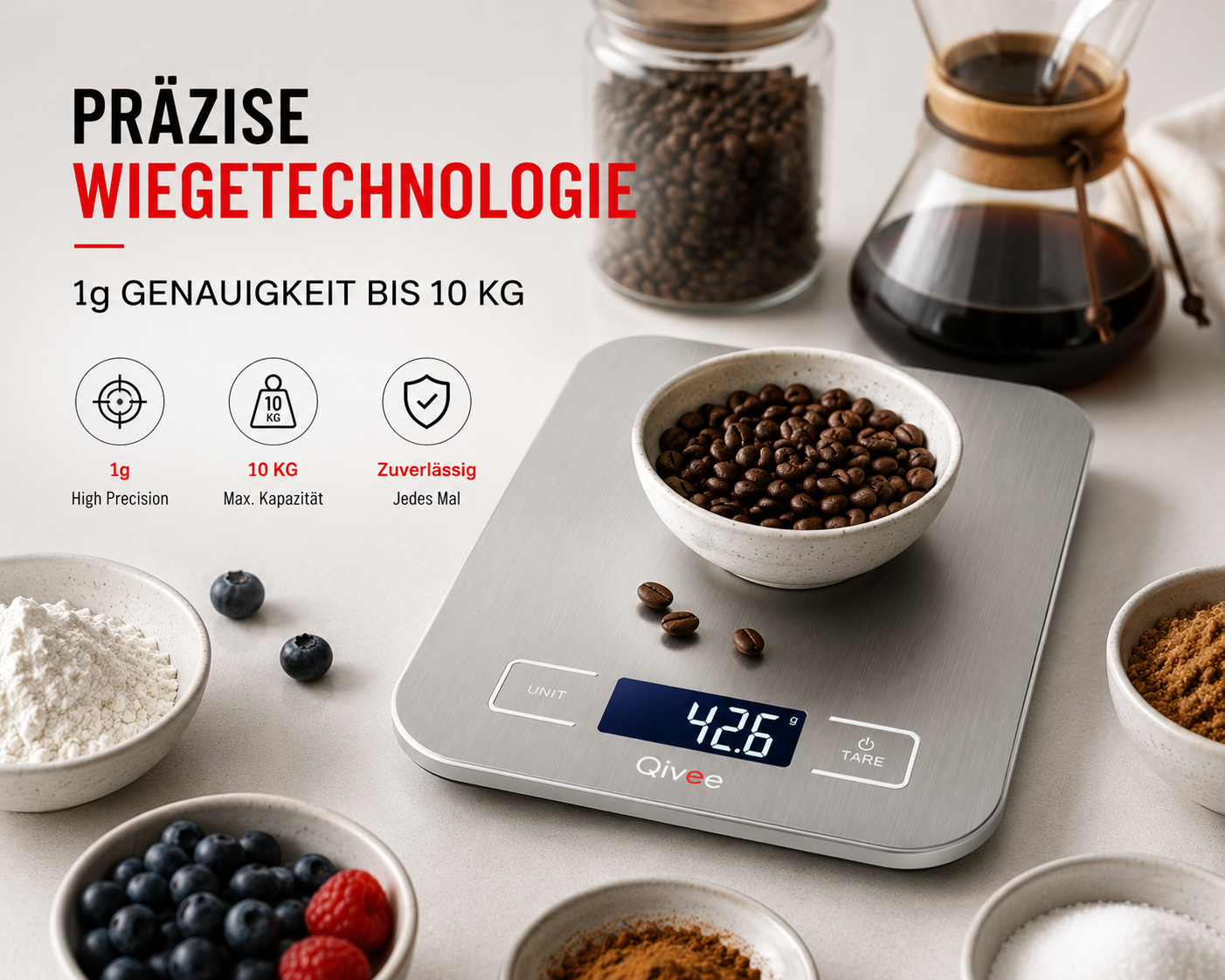 Digitale Küchenwaage mit Kaffeebohnen in einer Schüssel, umgeben von Zutaten und Kaffeebereitern.