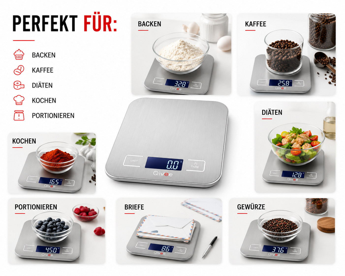 Digitale Küchenwaage für Backen, Kaffee, Diäten, Kochen und Portionieren.