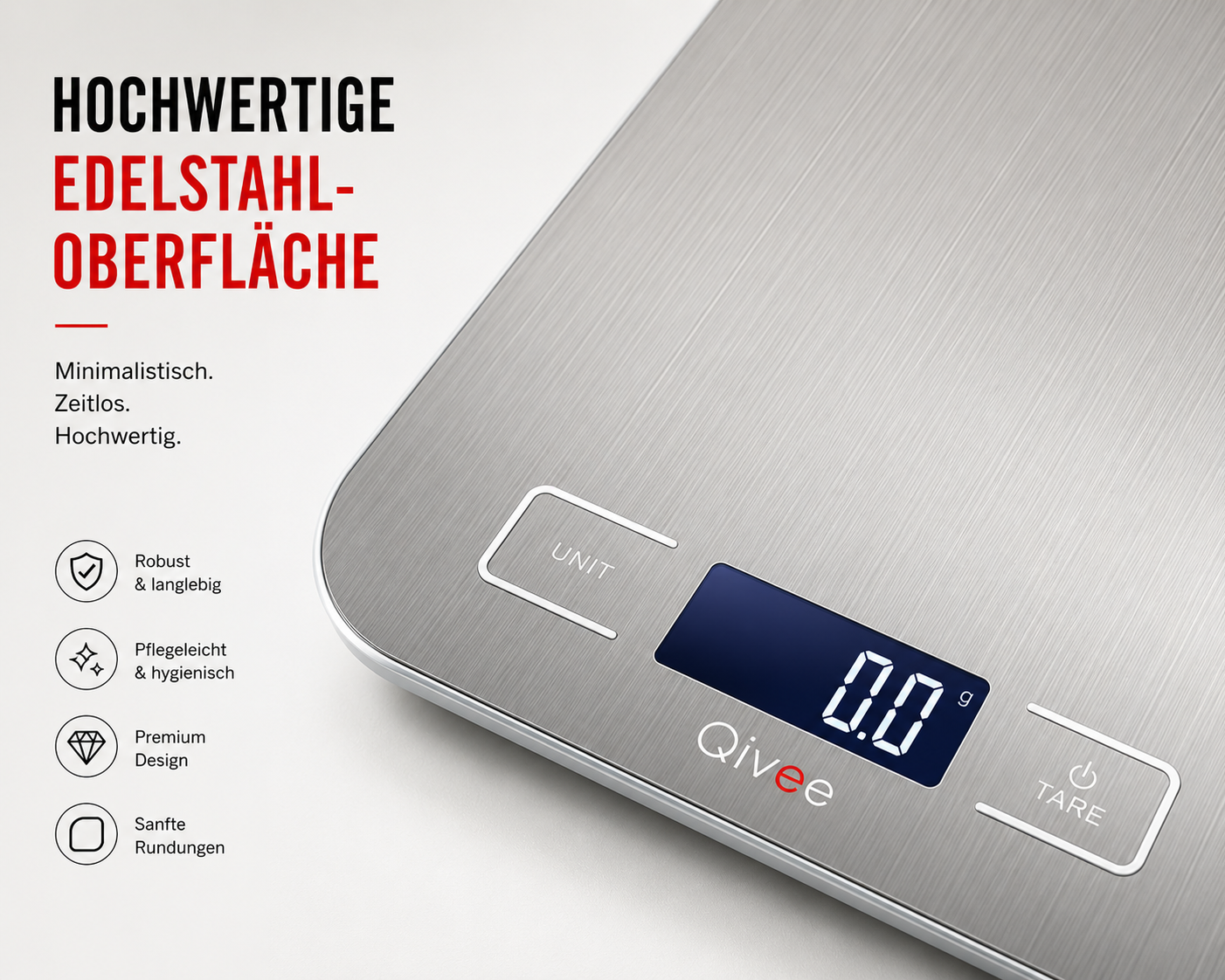 Edelstahlwaage mit digitalem Display, TARE- und UNIT-Tasten sowie deutscher Produktbeschreibung links.