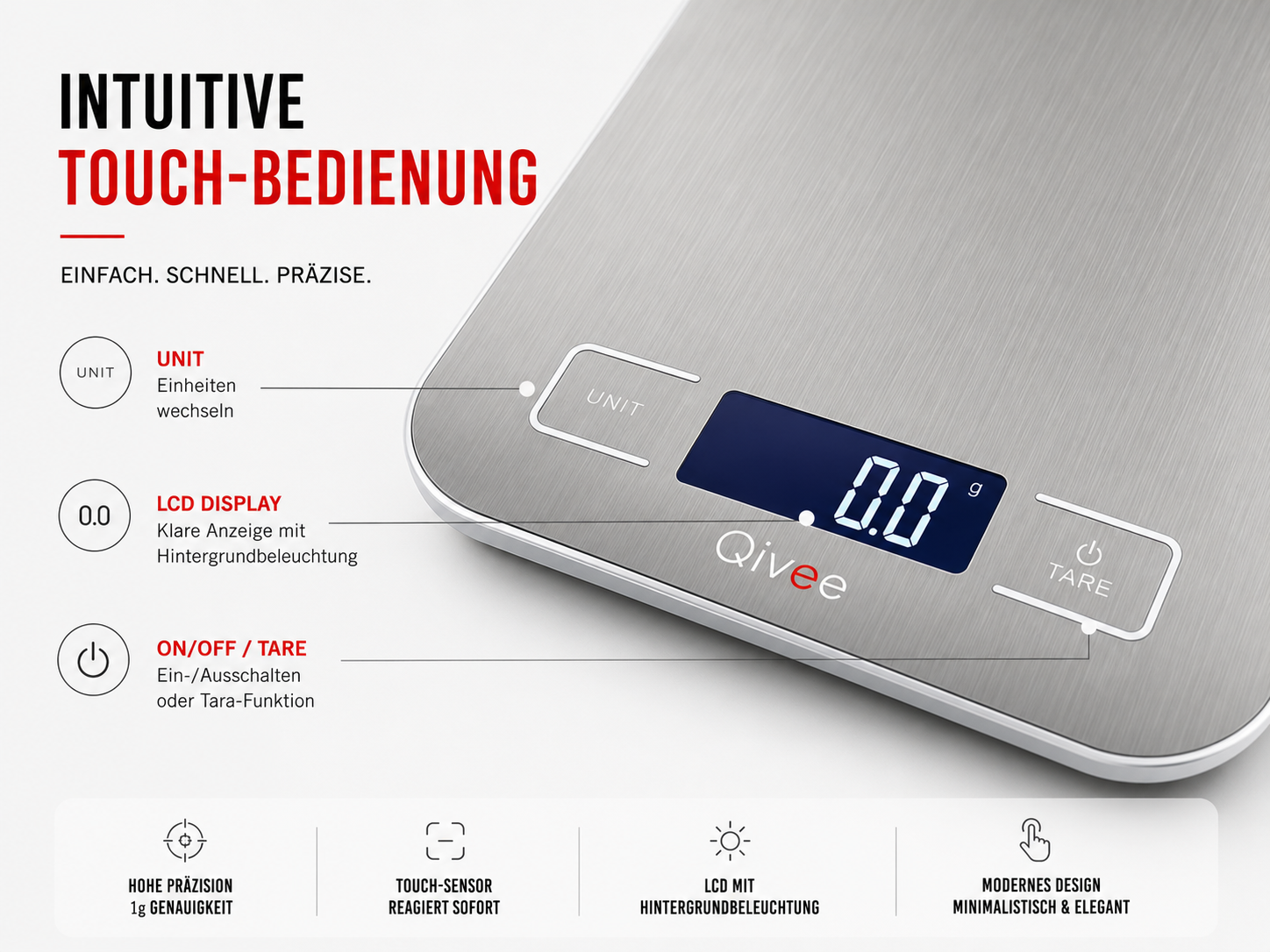 Digitale Küchenwaage von Qivee mit Touch-Bedienung, LCD-Display und Tasten für Unit und Tare.