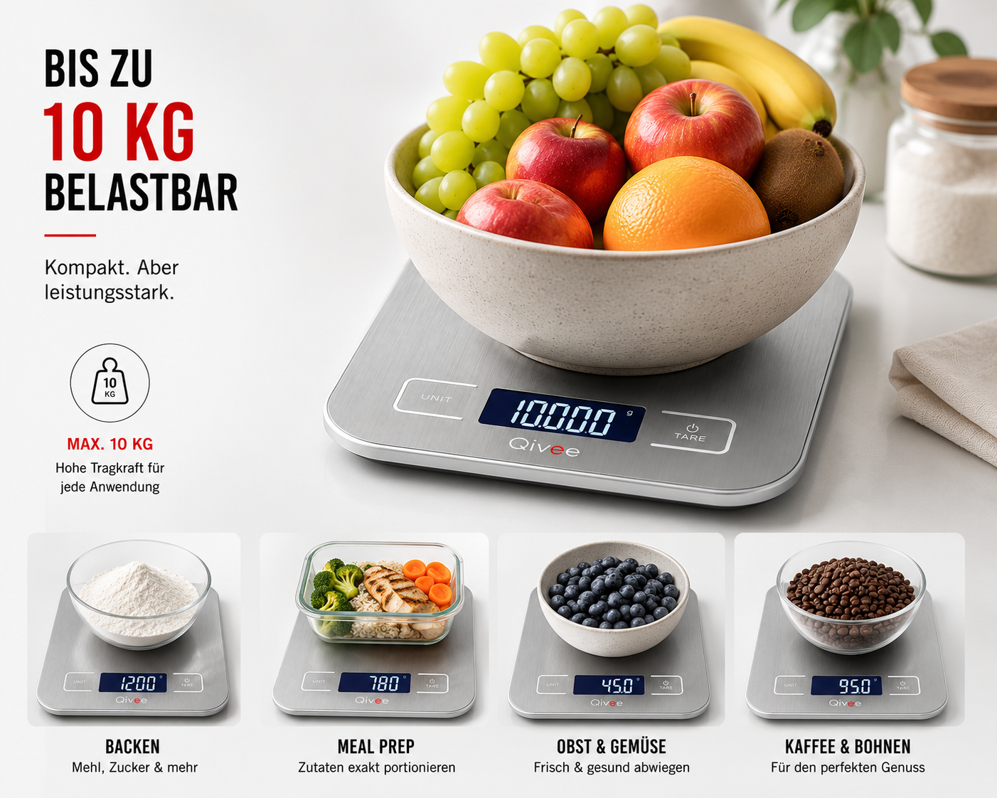 Digitale Küchenwaage aus Edelstahl mit einer Schüssel voller Obst oben und vier kleineren Bildern unten für verschiedene Lebensmittel.
