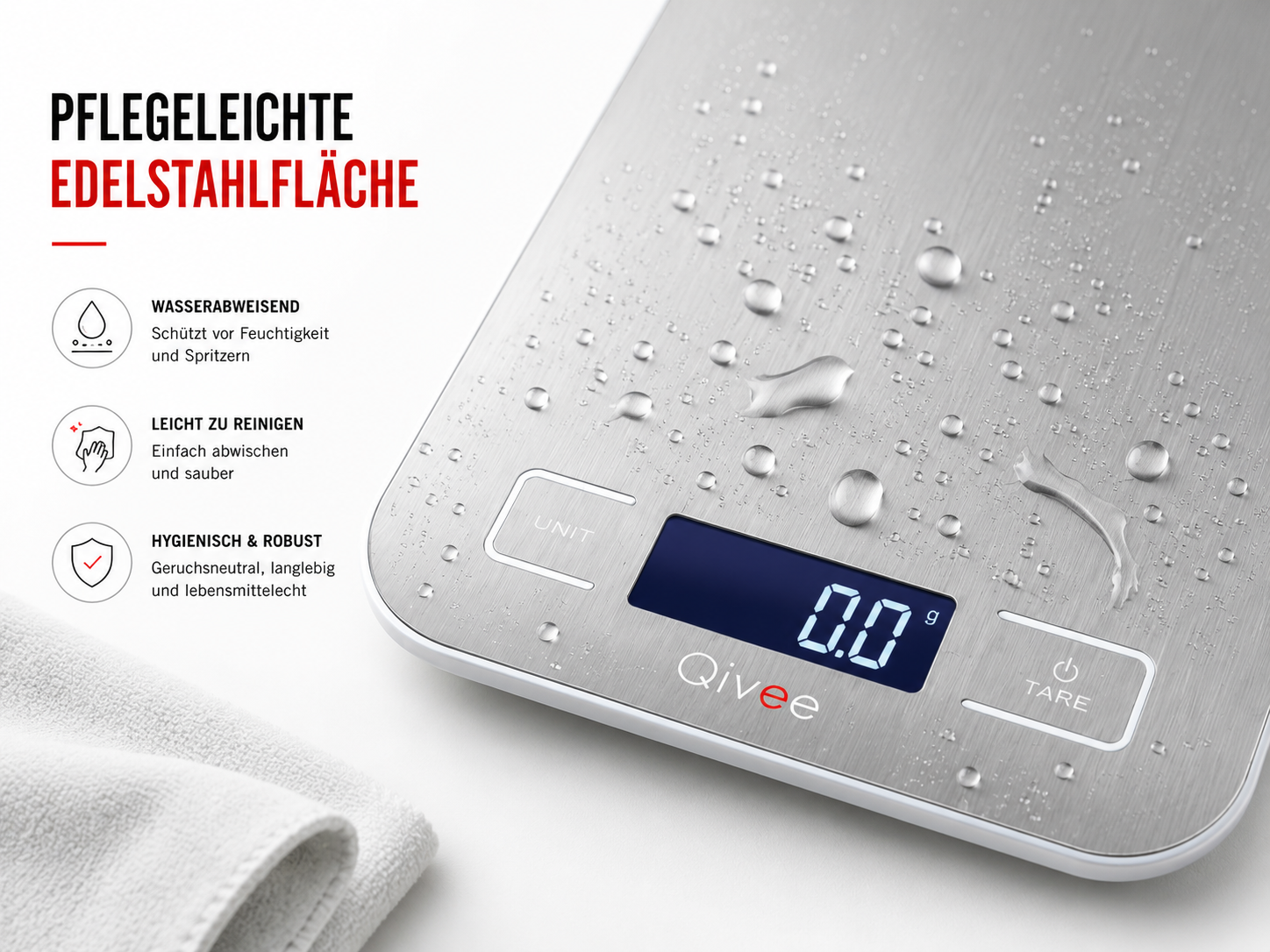 Edelstahlwaage mit Wassertropfen, digitalem Display und Reinigungshinweisen.