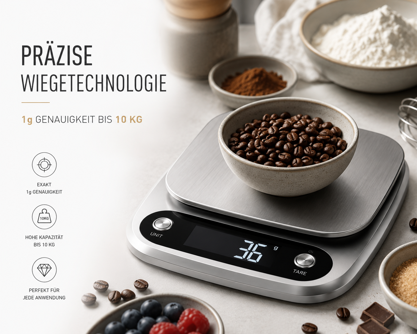 Digitale Küchenwaage mit Kaffeebohnen in einer Schüssel, umgeben von Backzutaten und Text.