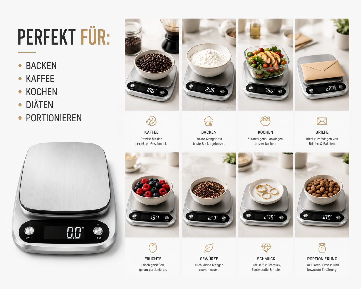 Eine digitale Küchenwaage mit verschiedenen Verwendungszwecken wie Kaffeebohnen, Mehl und Briefen.