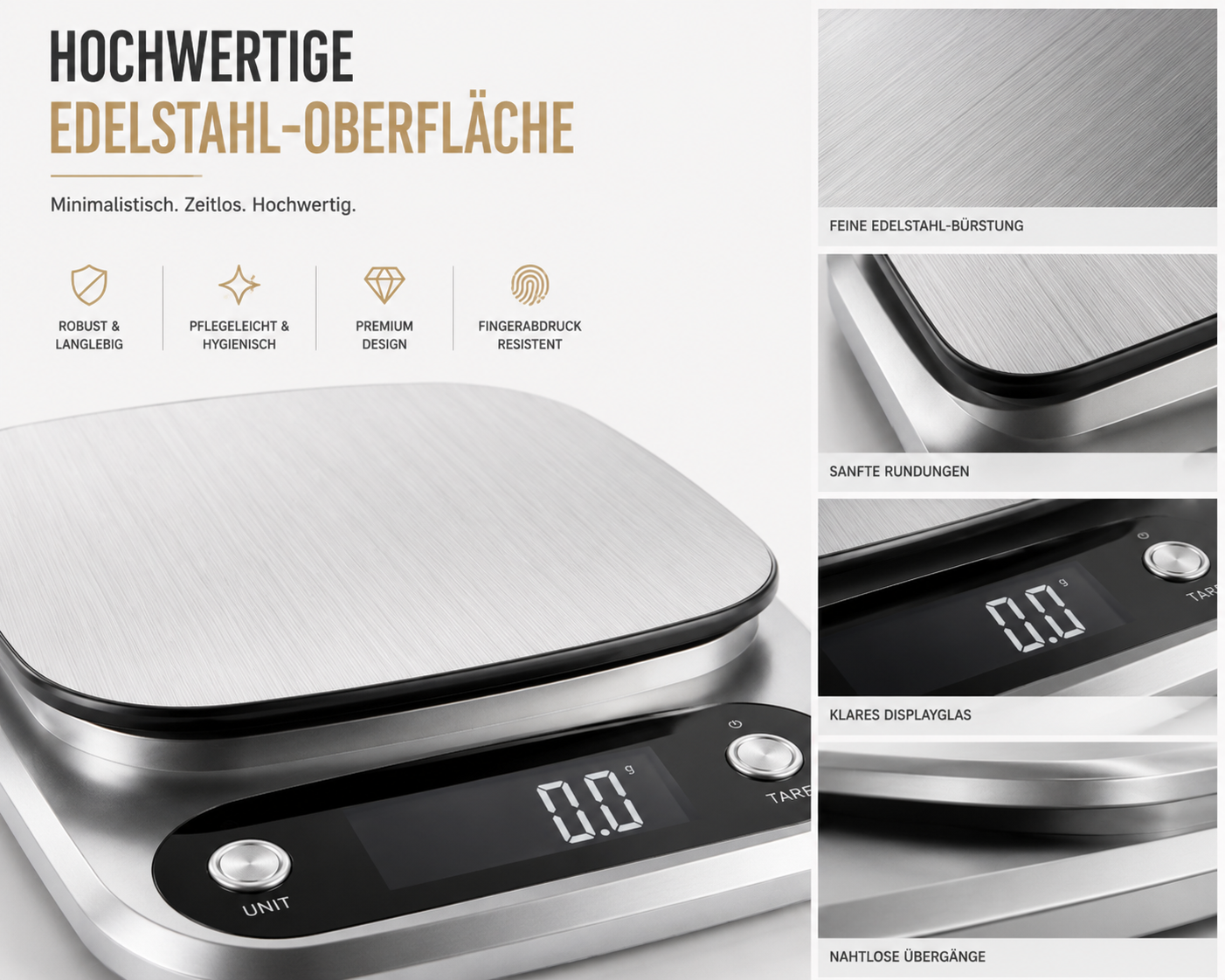 Edelstahlwaage mit digitalem Display, Icons und Detailaufnahmen von Bürstung, Rundungen, Glas und Übergängen.