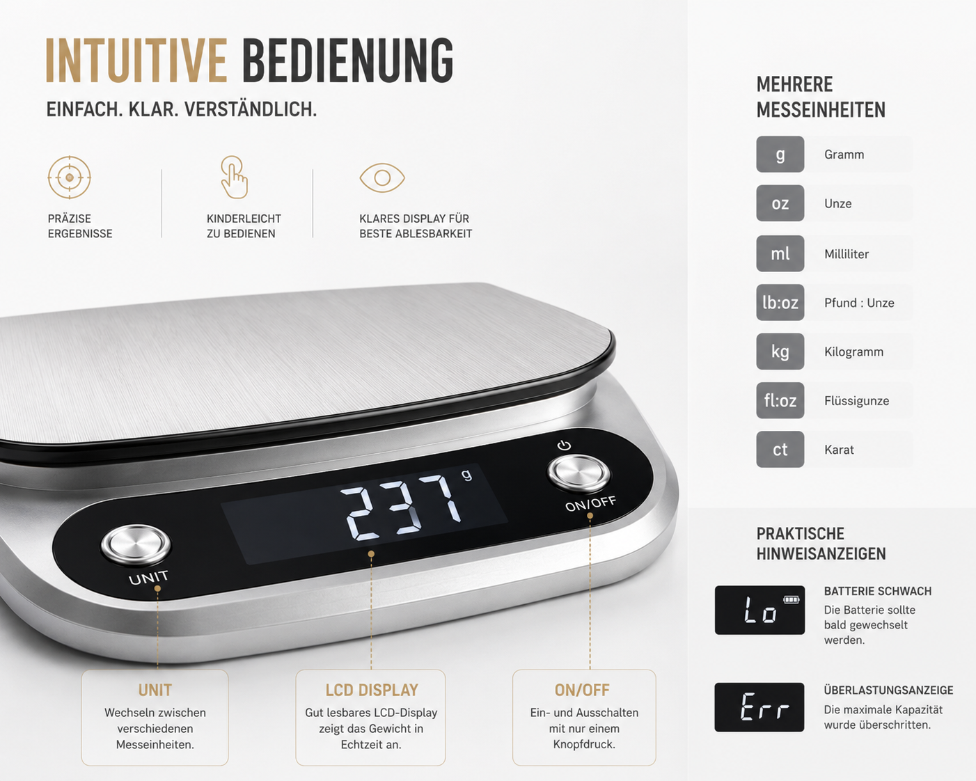 Digitale Küchenwaage aus Edelstahl mit LCD-Display, Maßeinheiten und Funktionsbeschreibungen.