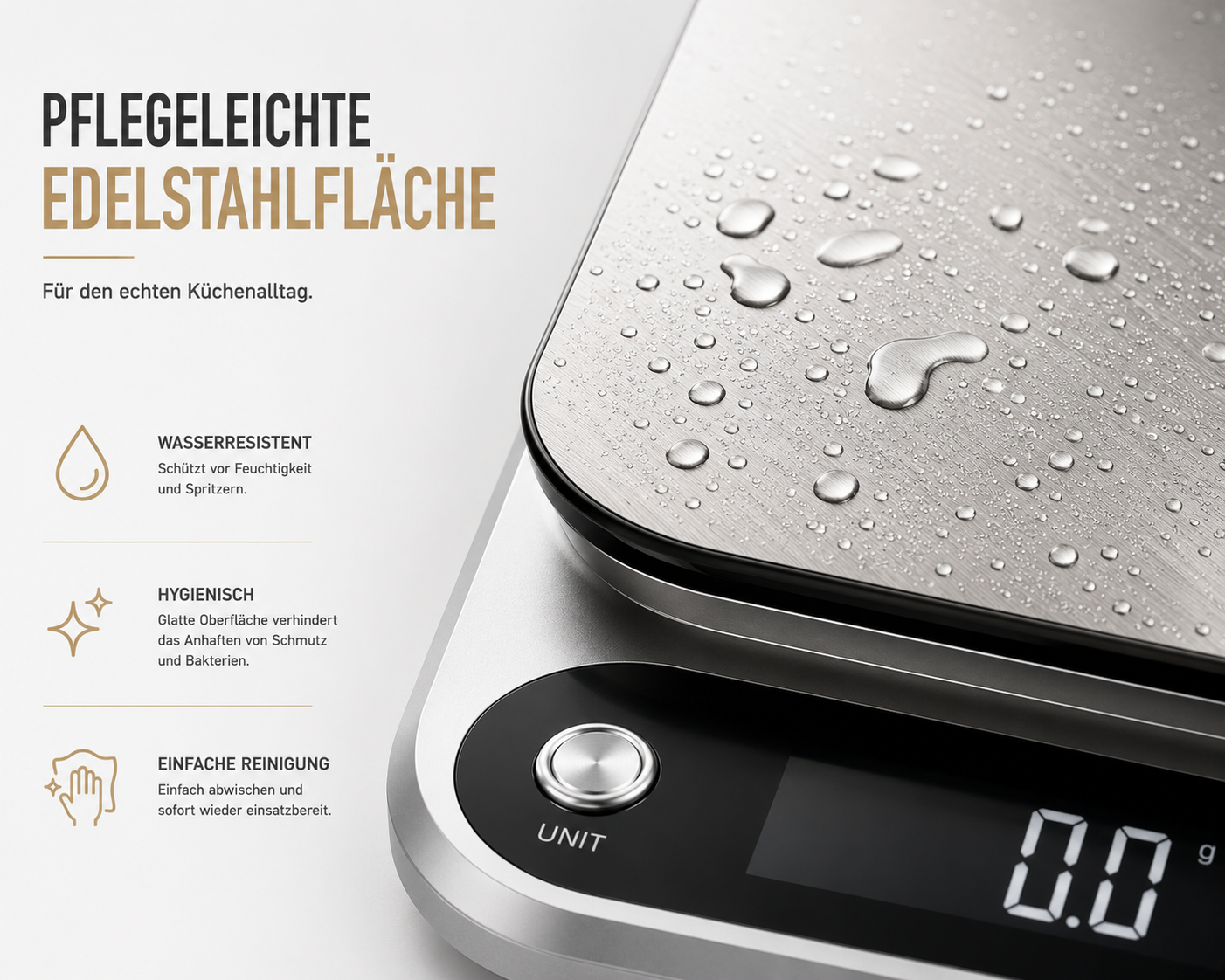 Edelstahlküchenwaage mit Wassertropfen auf der Oberfläche und deutscher Produktbeschreibung links.