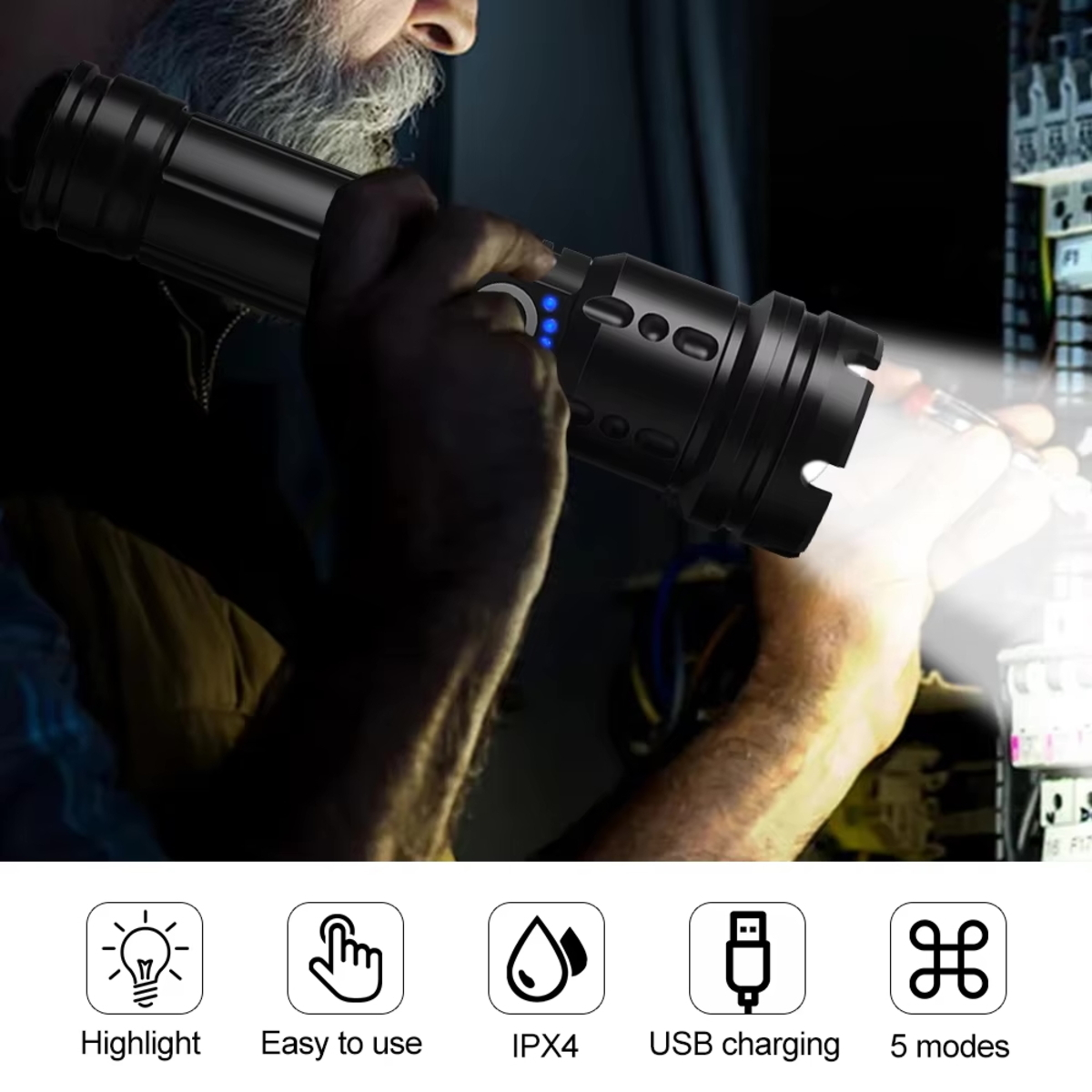 Ein Mann hält eine schwarze LED-Taschenlampe, die hell leuchtet. Darunter fünf Icons mit Produktmerkmalen.