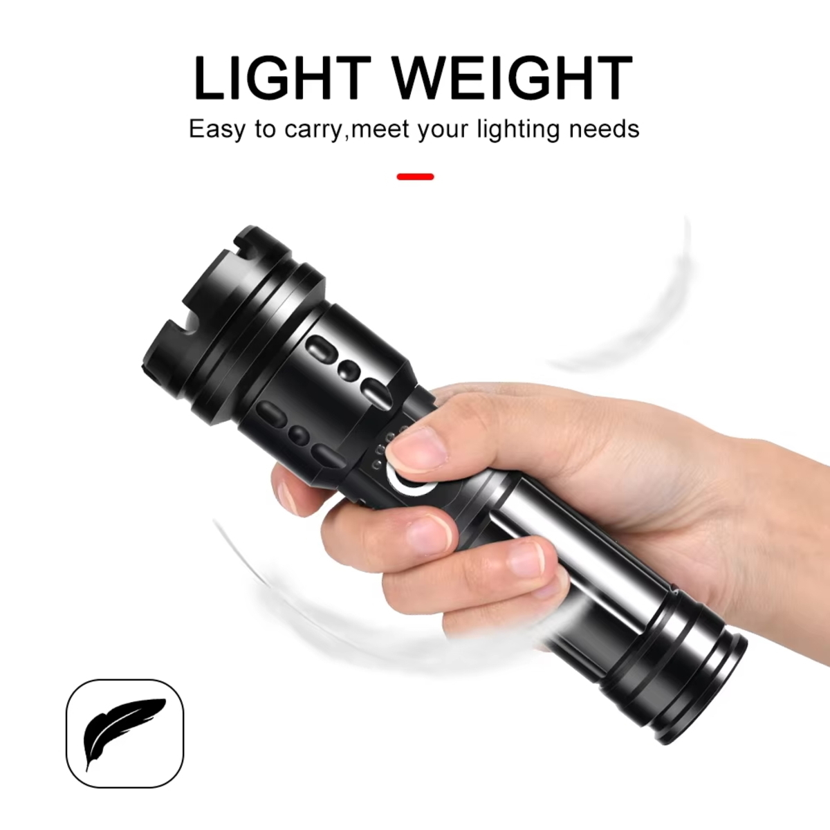 Eine Hand hält eine kompakte, schwarze Metalltaschenlampe vor weißem Hintergrund mit Text.