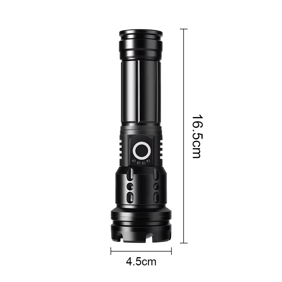 Schwarze Taschenlampe mit Abmessungen von 16.5cm Höhe und 4.5cm Breite auf weißem Hintergrund.