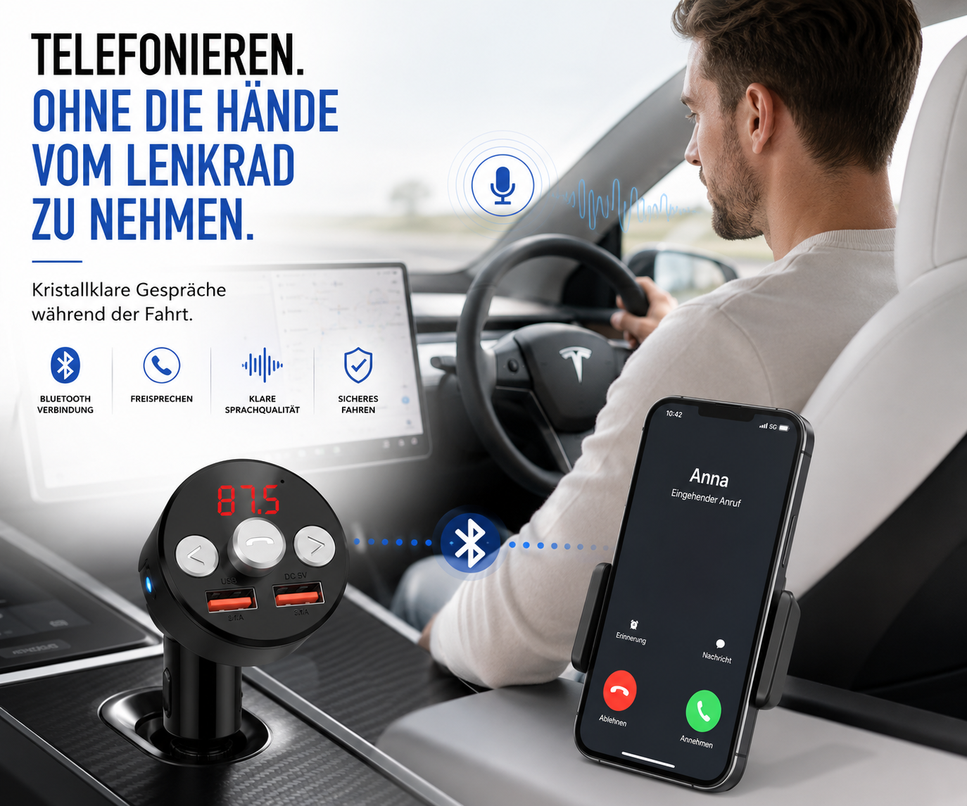 Ein Bluetooth-FM-Transmitter im Auto, während ein Fahrer sicher telefoniert.