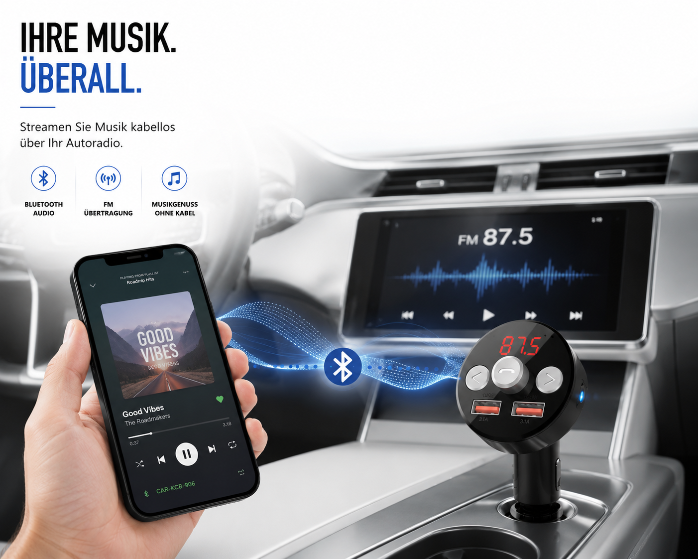 Smartphone und FM-Transmitter verbinden sich kabellos im Auto zur Musikwiedergabe.