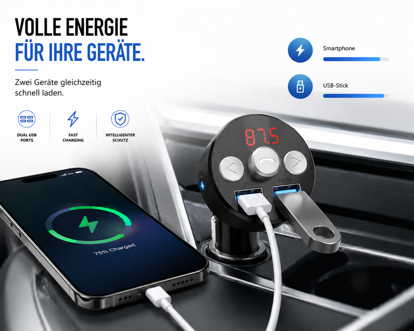 Bluetooth-Autoladegerät mit zwei USB-Anschlüssen, angeschlossenem Smartphone und USB-Stick im Auto.