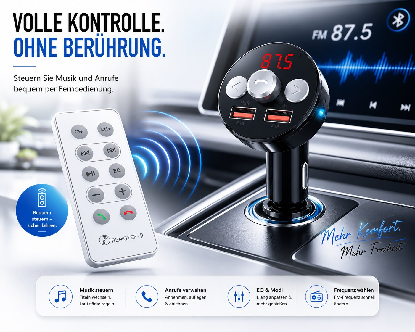 Ein Bluetooth-FM-Transmitter für Autos mit Fernbedienung, USB-Anschlüssen und digitaler Frequenzanzeige.