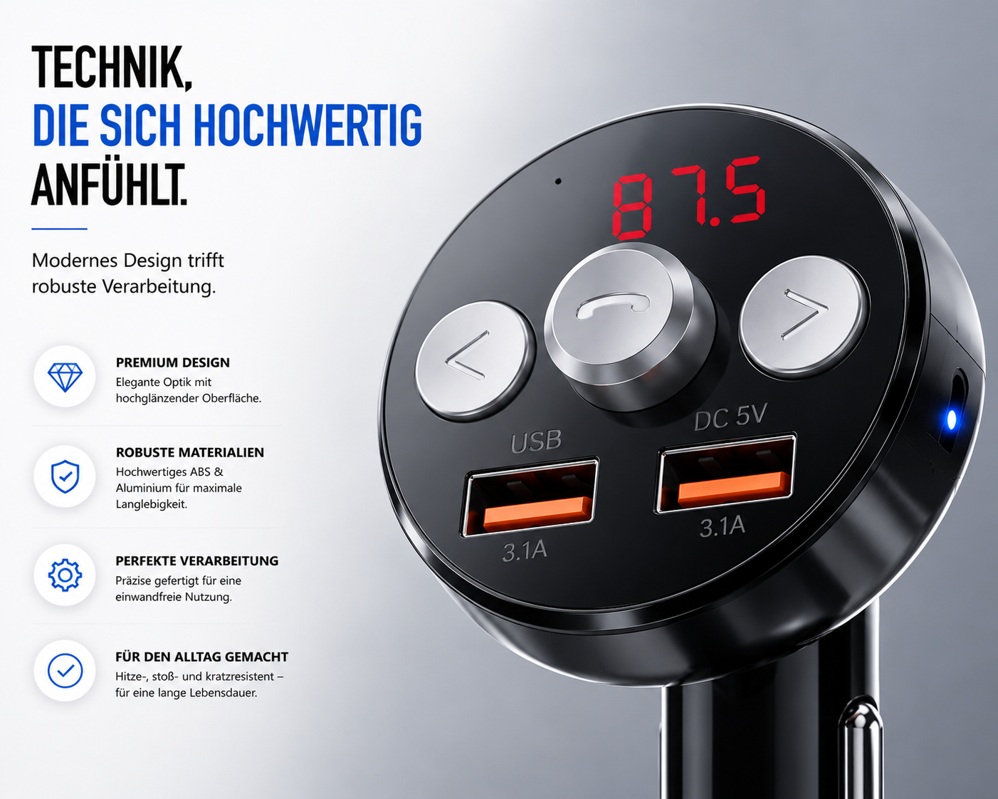 Schwarzer FM-Transmitter für Autos mit LED-Display, silbernen Steuertasten und zwei orangefarbenen USB-Anschlüssen.