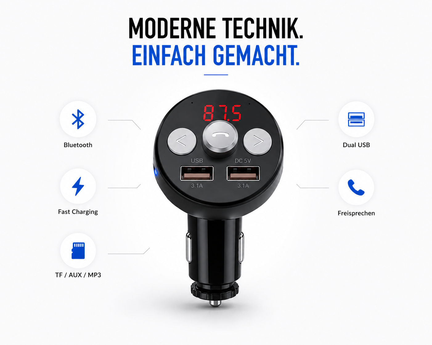 Schwarzer FM-Transmitter mit Display, Tasten und USB-Anschlüssen sowie erklärenden Icons.
