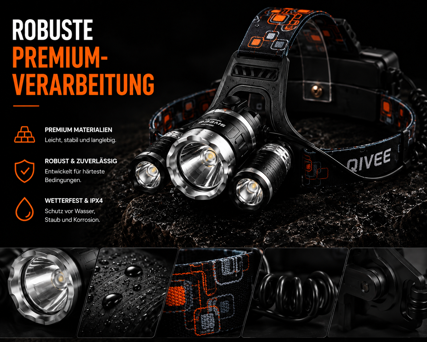 Eine robuste Stirnlampe mit schwarzem Halteband und drei Leuchten auf steinigem Untergrund, mit Detailansichten unten.