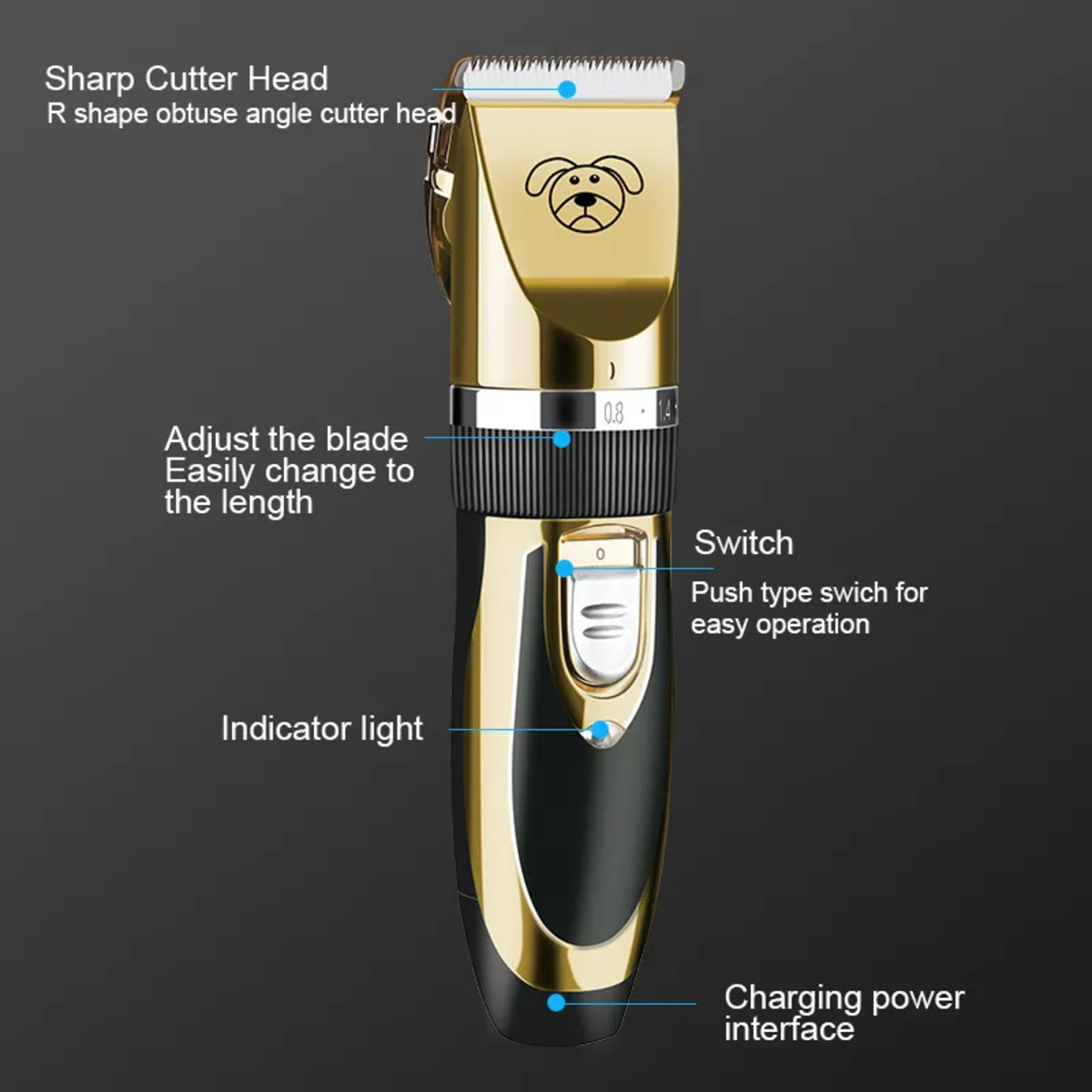 Goldene Haarschneidemaschine mit Beschriftungen für Schneidkopf, Klingenverstellung, Schalter, Lampe und Ladeanschluss.