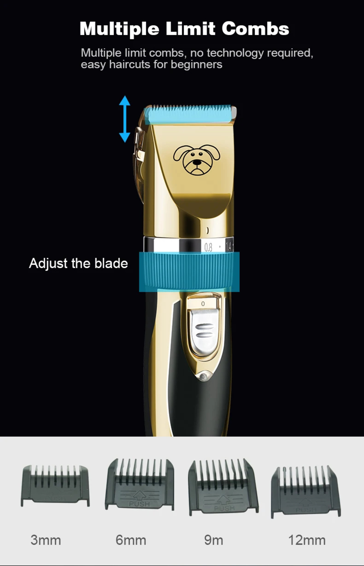 Ein goldener Haarschneider mit verstellbarer Klinge und vier Aufsätzen.