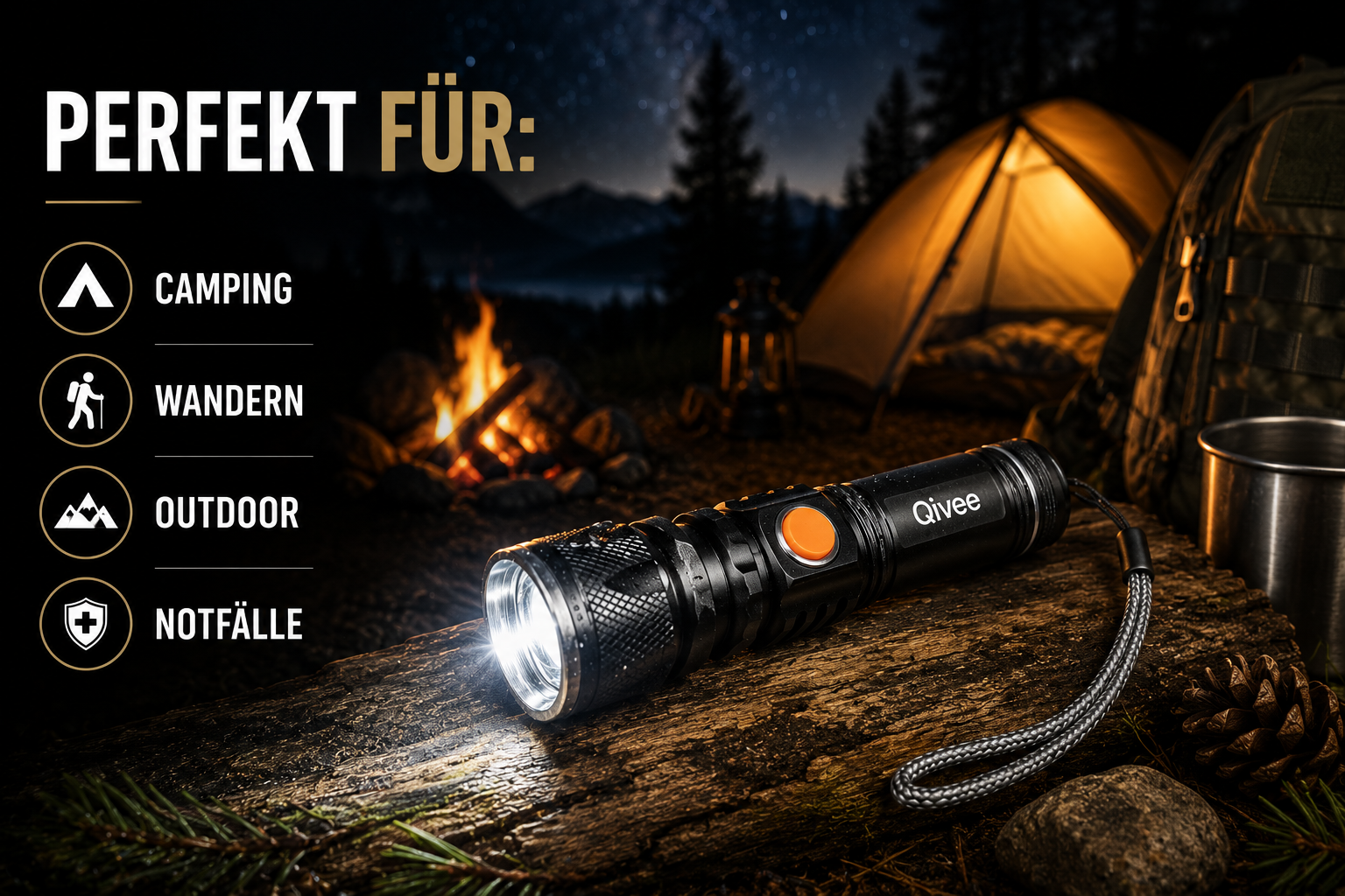 Eine schwarze Qivee Taschenlampe liegt nachts auf einem Baumstamm vor einem Zelt und einem Lagerfeuer.