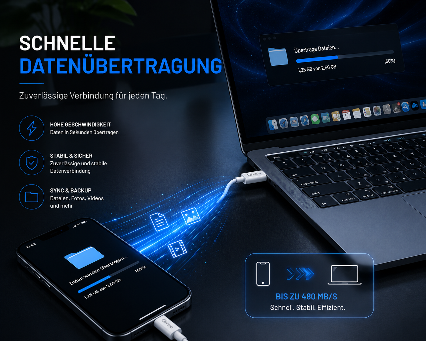 Smartphone ist mit einem Kabel an einen Laptop angeschlossen, um Daten zu übertragen.