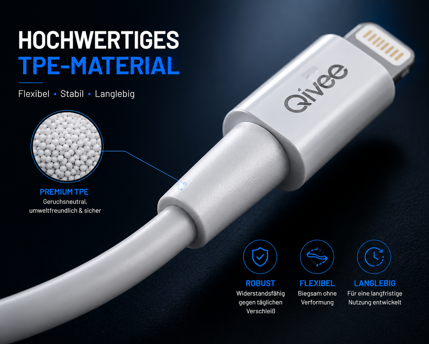 Ein weißes Qivee-Ladekabel mit TPE-Material auf dunklem Hintergrund und Textgrafiken.