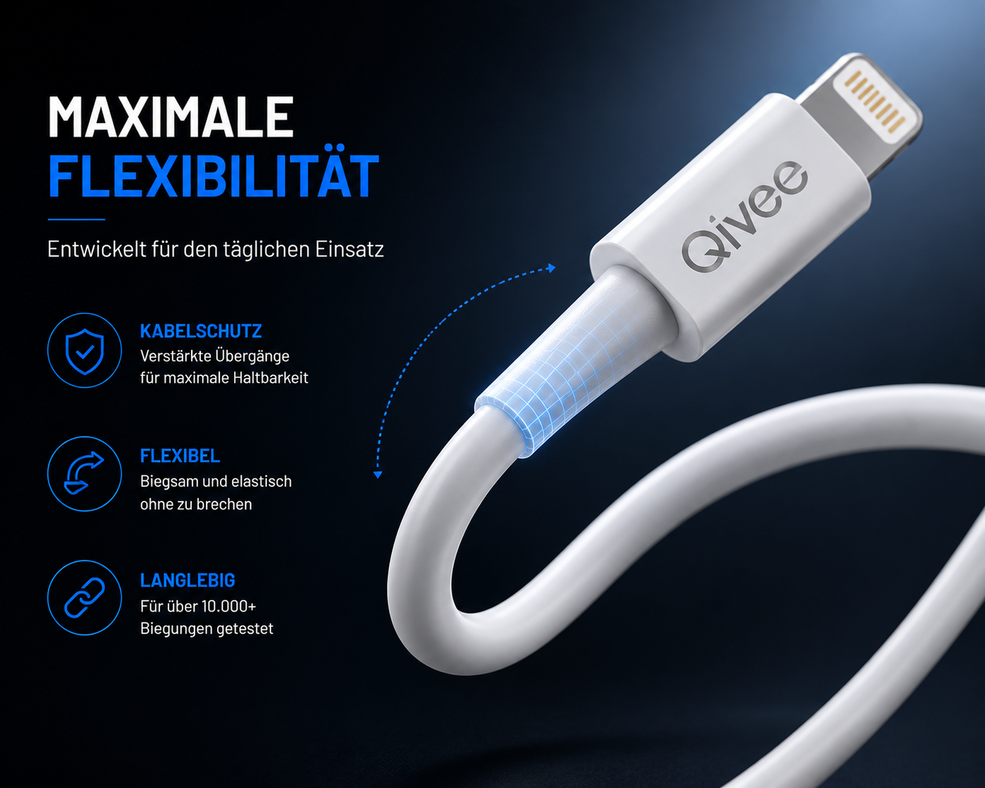 Weißes Qivee-Ladekabel mit verstärktem Knickschutz und Text auf der linken Seite vor dunklem Hintergrund.