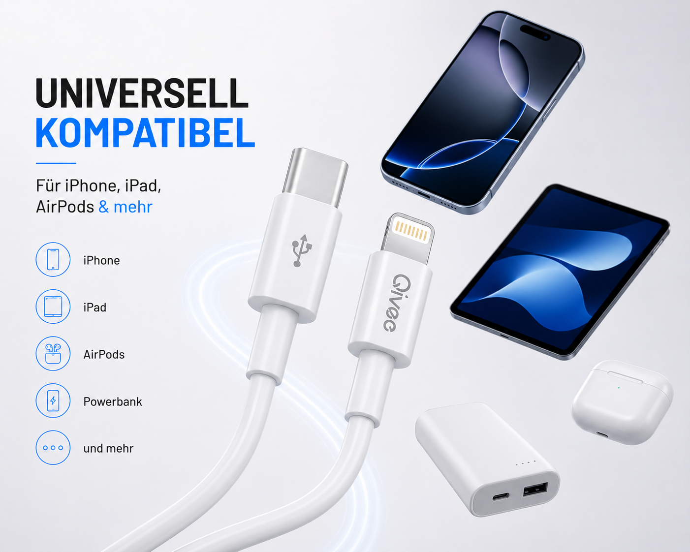 Weißes USB-C zu Lightning-Kabel mit kompatiblen Geräten wie iPhone, iPad und AirPods vor hellem Hintergrund.