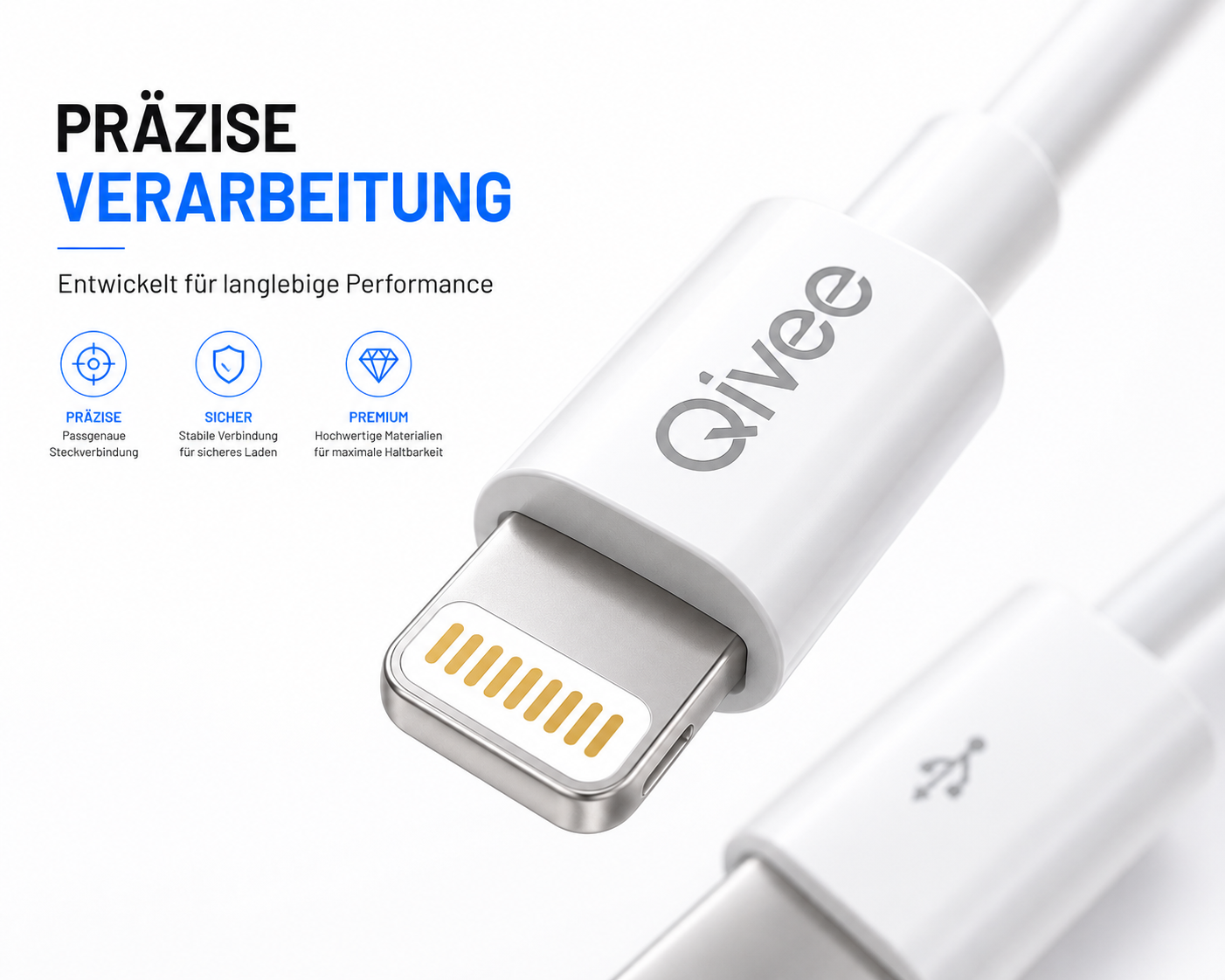 Ein weißes Qivee-Ladekabel mit goldenen Kontakten und Text auf der linken Seite vor hellem Hintergrund.