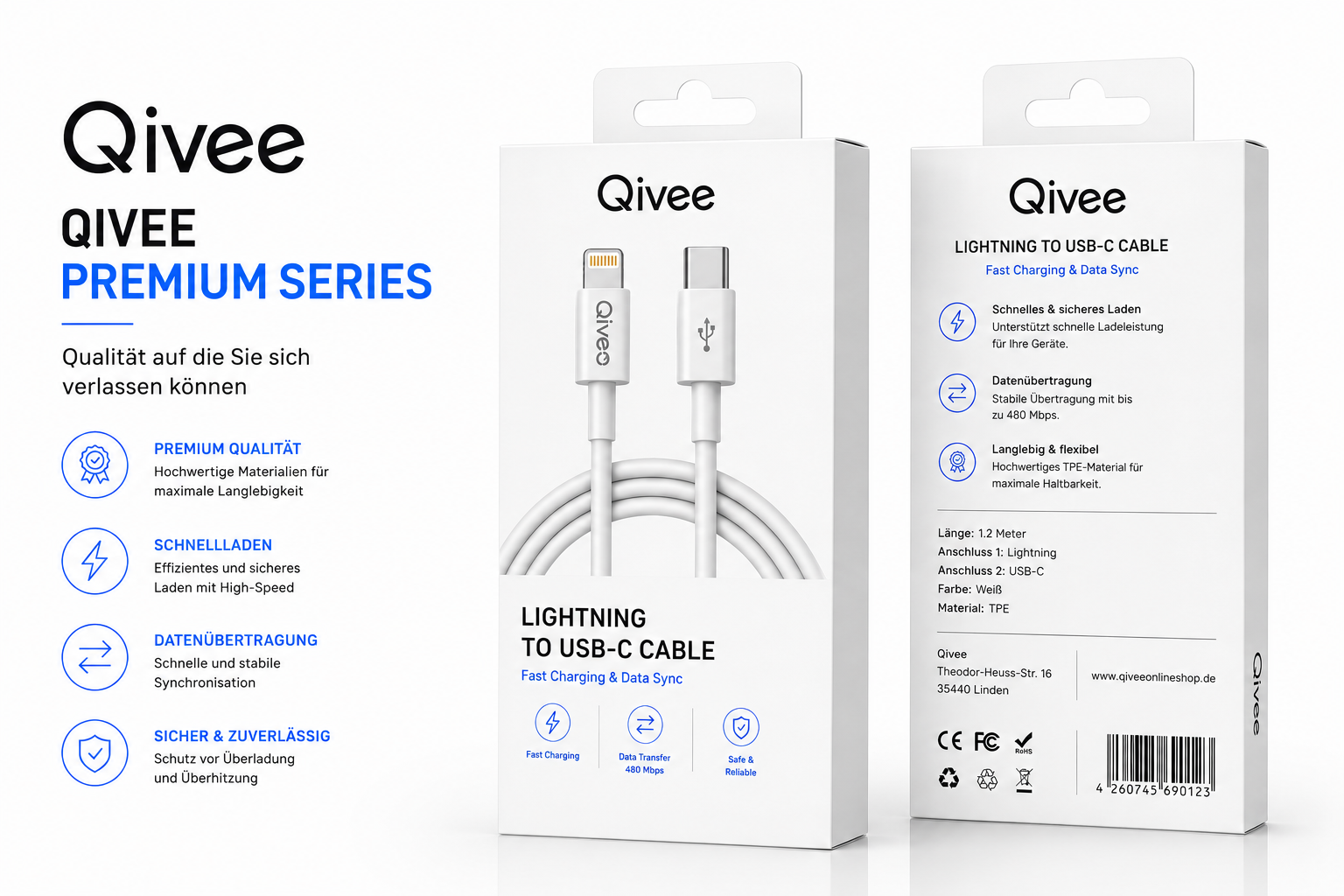 Produktverpackung für ein Qivee Lightning-auf-USB-C-Kabel mit weißen Kabeln und Produktmerkmalen.