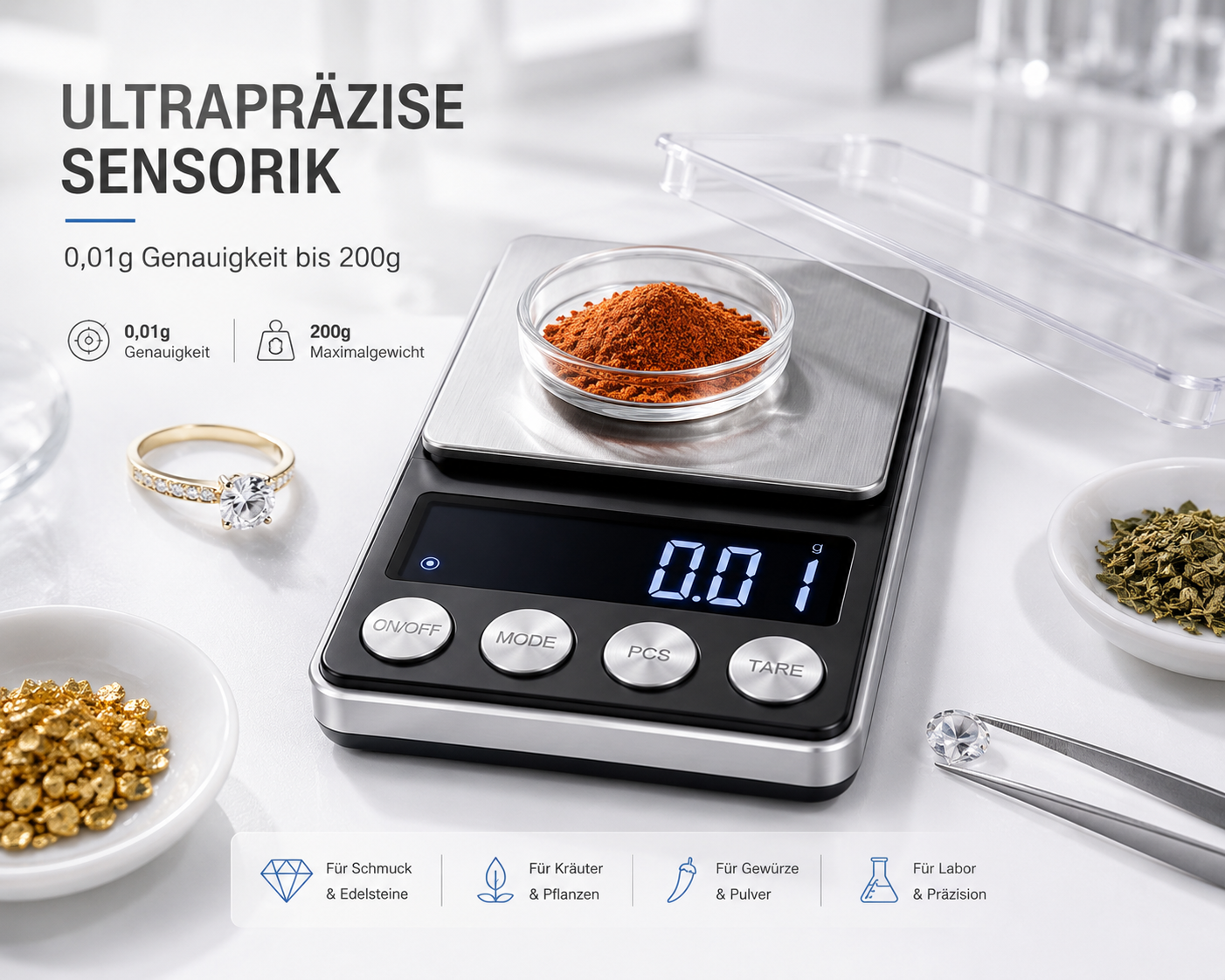 Digitale Taschenwaage mit Edelsteinen, Gewürzen und Schmuck auf dem Tisch.