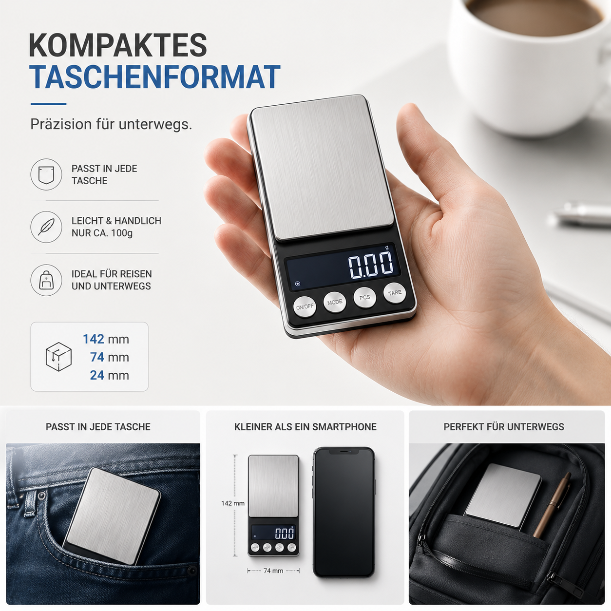 Eine Hand hält eine kompakte, silberne Digitalwaage, mit kleineren Bildern, die sie in einer Tasche und einem Rucksack zeigen.