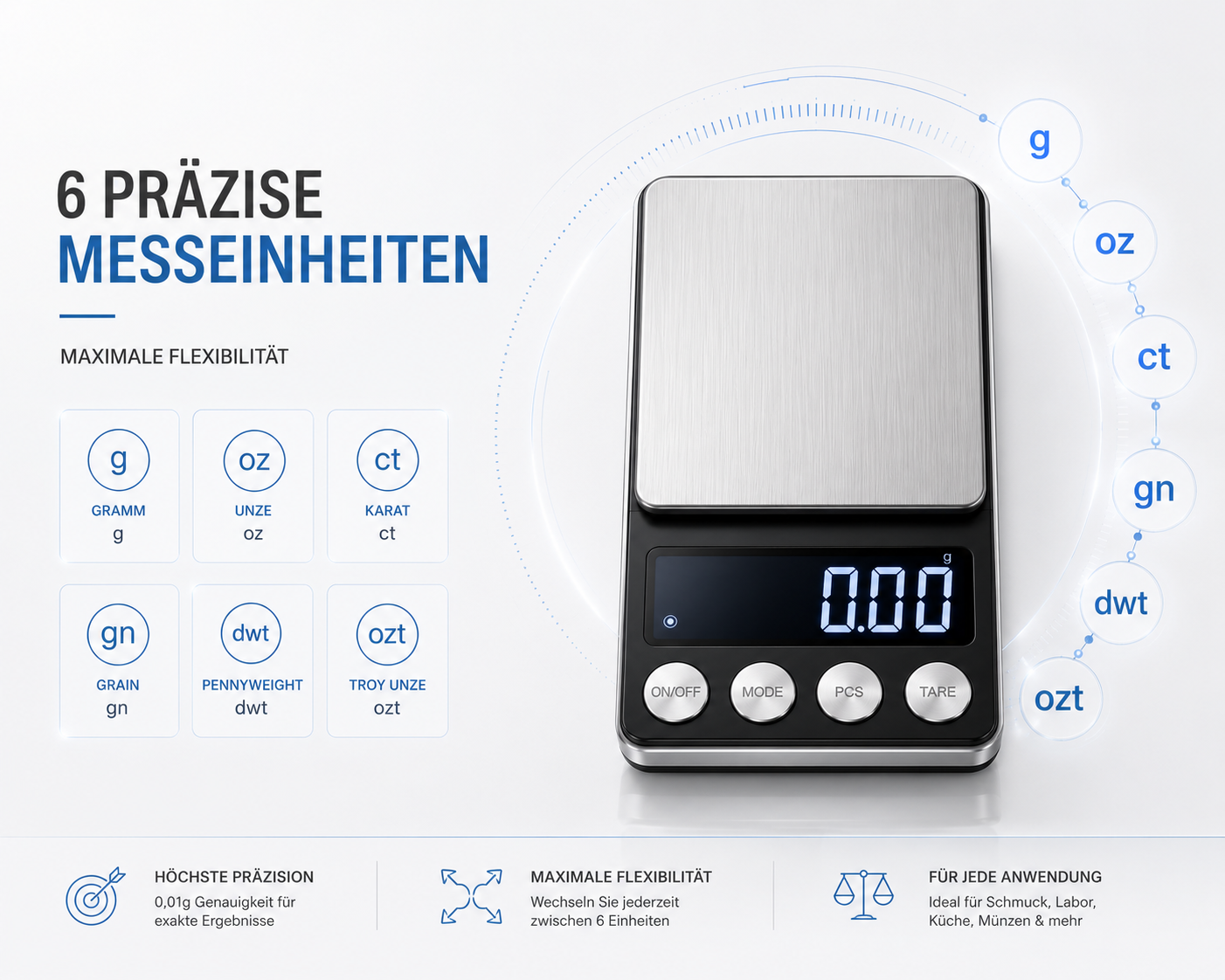 Digitale Taschenwaage mit silberner Wiegefläche und sechs verschiedenen Messeinheiten wie Gramm und Unzen.