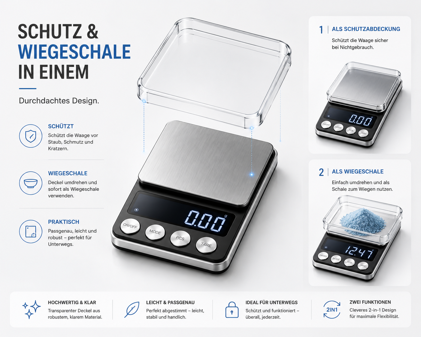 Digitale Taschenwaage mit Edelstahloberfläche und abnehmbarem Schutzdeckel, der auch als Wiegeschale dient.