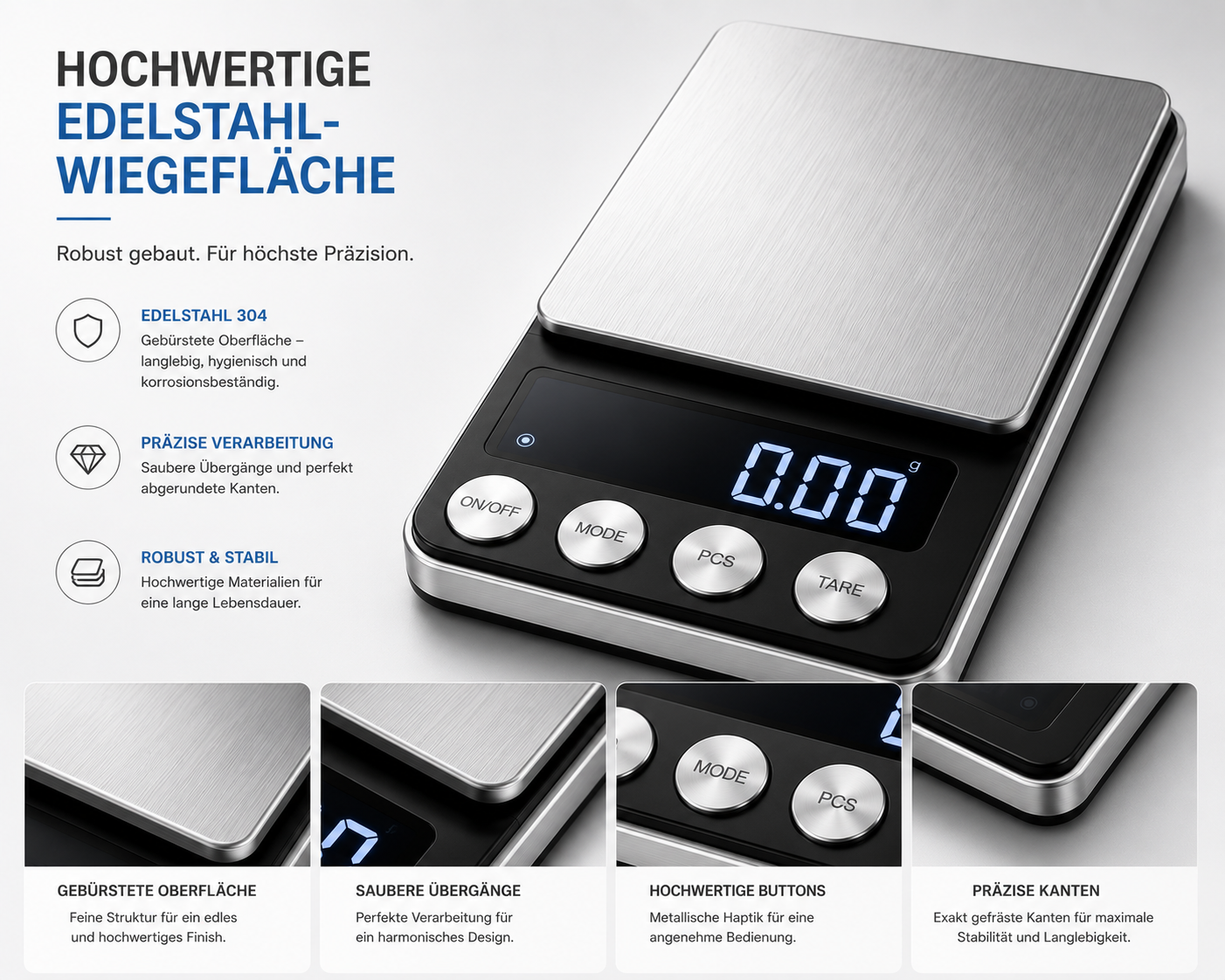 Digitale Waage mit Edelstahlfläche, Display und vier runden Tasten, umgeben von Werbetexten und Detailaufnahmen.