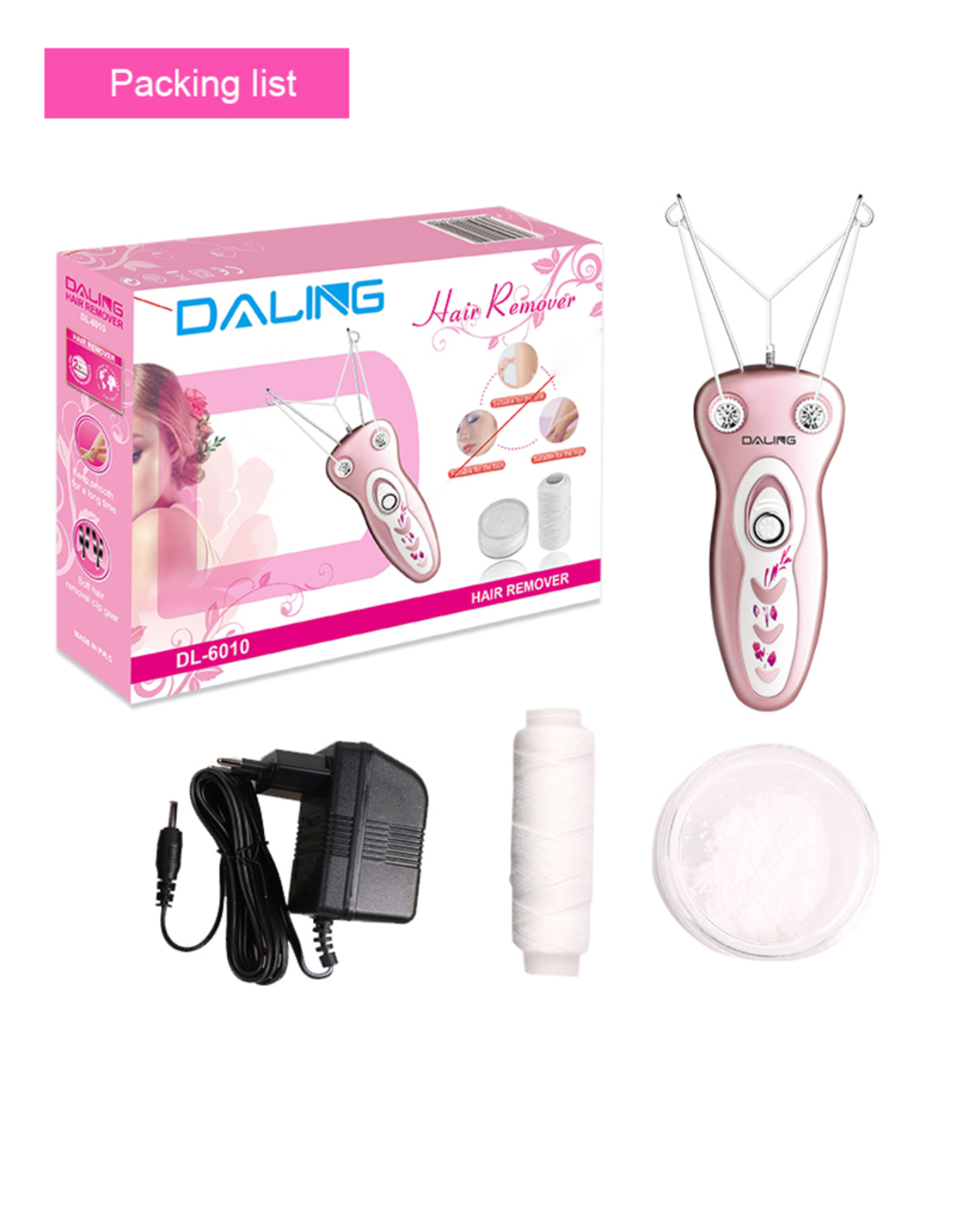 Rosa Daling Haarentferner Verpackung mit Gerät, Netzteil, Fadenrolle und Pulverbehälter.