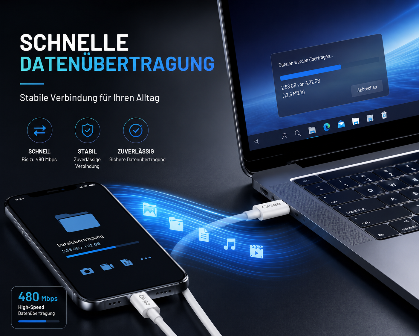 Smartphone und Laptop mit weißem Kabel verbunden, zeigen Dateiübertragung mit blauen Lichteffekten.