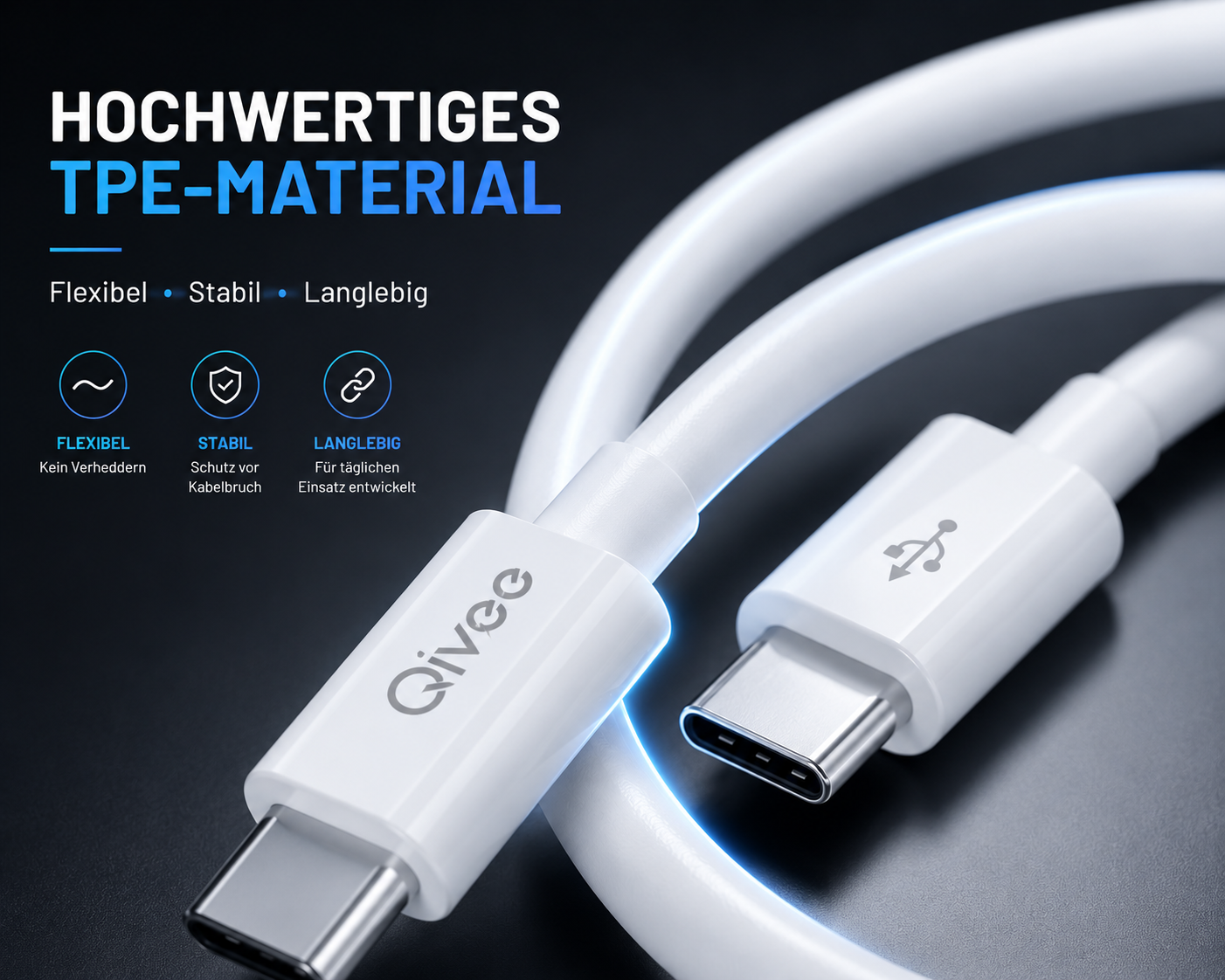Weißes USB-C-Kabel mit Qivee-Logo auf dunklem Hintergrund und Text zur TPE-Materialqualität.