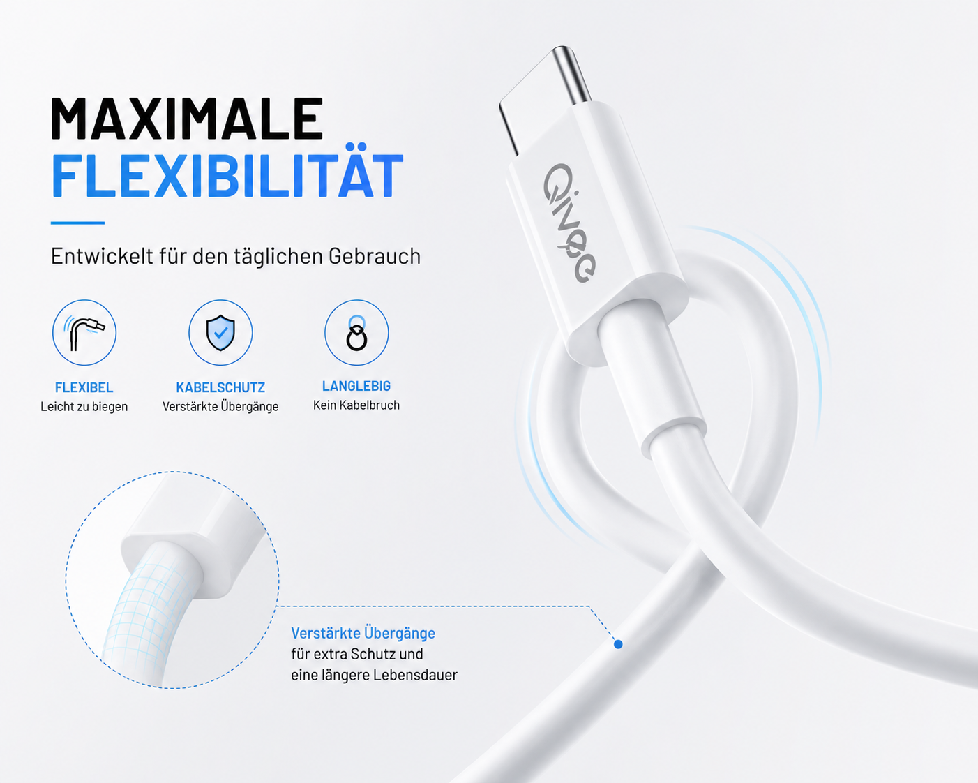 Weißes USB-C-Kabel mit biegsamen, verstärkten Übergängen und deutschem Text über maximale Flexibilität.