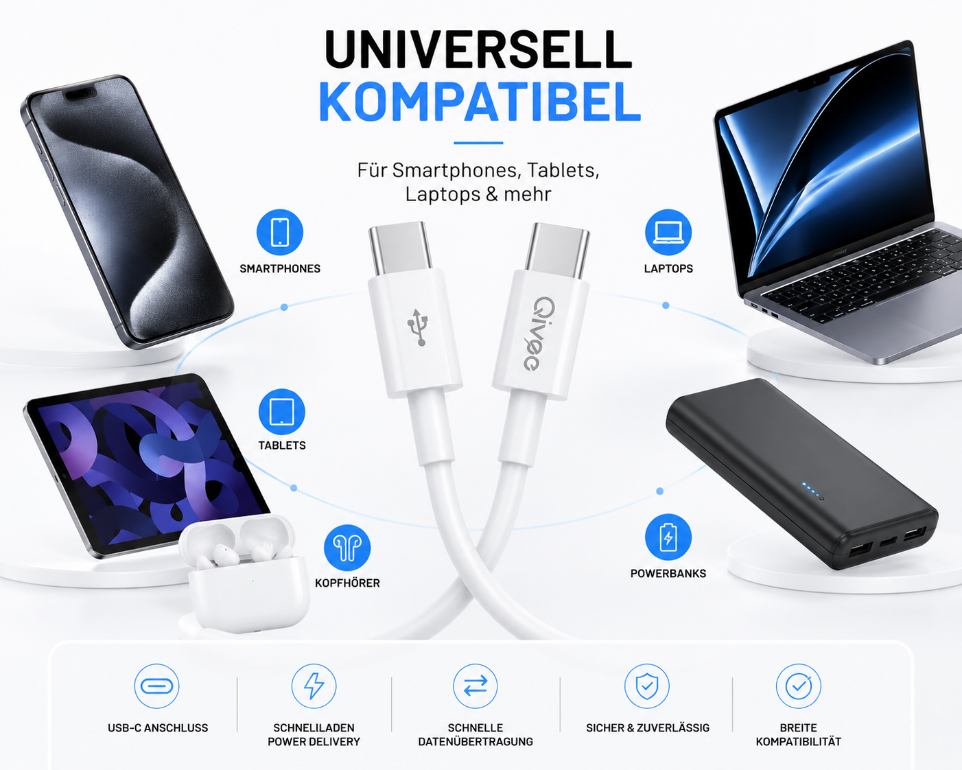 Produktwerbung für ein USB-C-Kabel, das kompatibel mit Smartphones, Tablets, Laptops, Kopfhörern und Powerbanks ist.