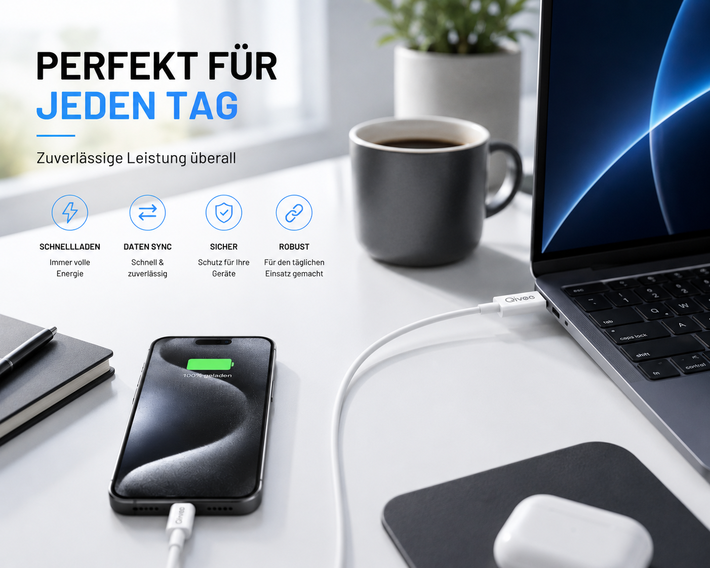 Smartphone lädt neben Laptop auf Schreibtisch mit Kaffeetasse, Notizbuch und Textoverlay über Leistung.
