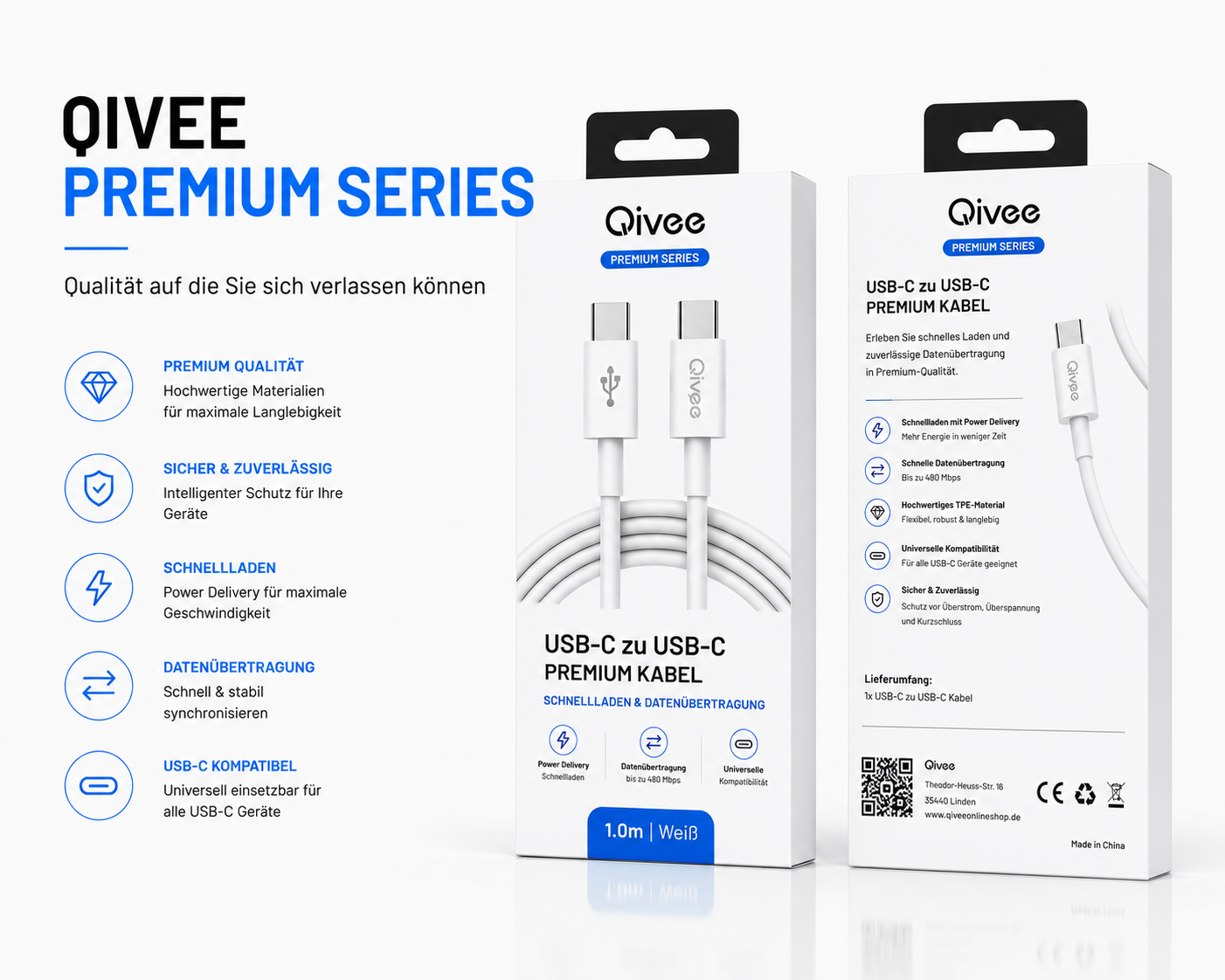 Qivee Premium USB-C Kabel in weißer Verpackung mit Produktfeatures und Logo.