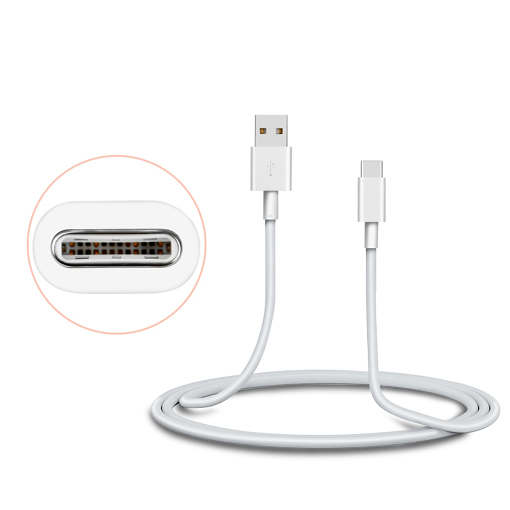 Ein weißes Ladekabel mit einem USB-A- und einem USB-C-Stecker, links mit einer Nahaufnahme des Anschlusses.