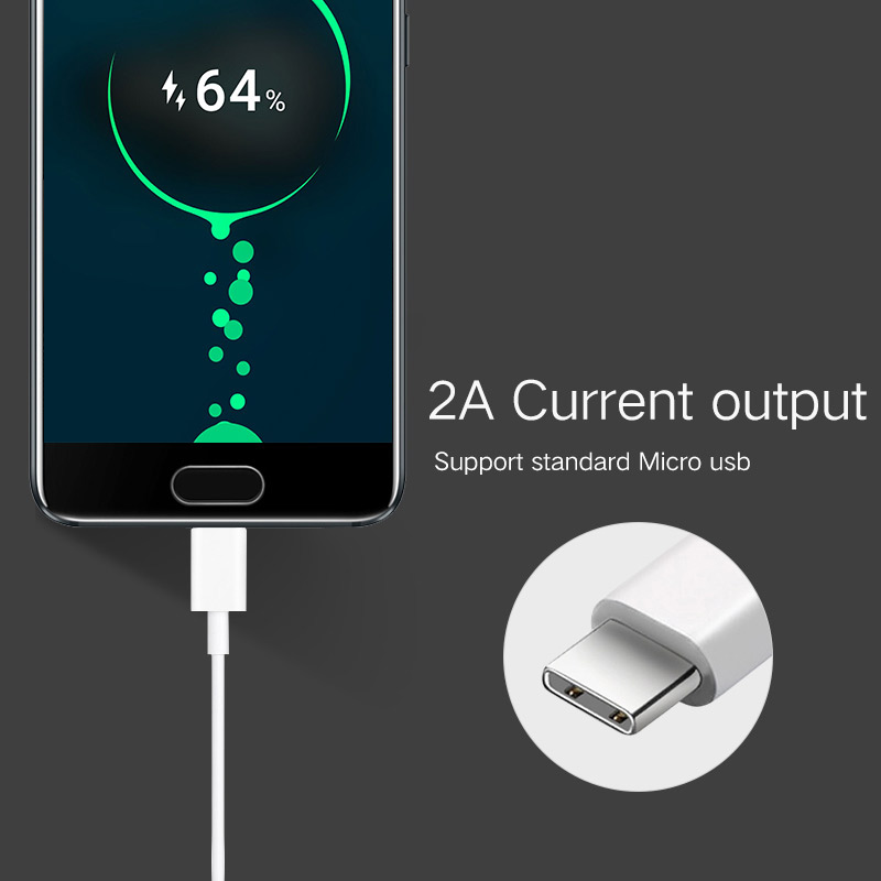 Ein Smartphone lädt bei 64 Prozent mit weißem Micro-USB-Kabel und Text zu 2A Stromausgang.