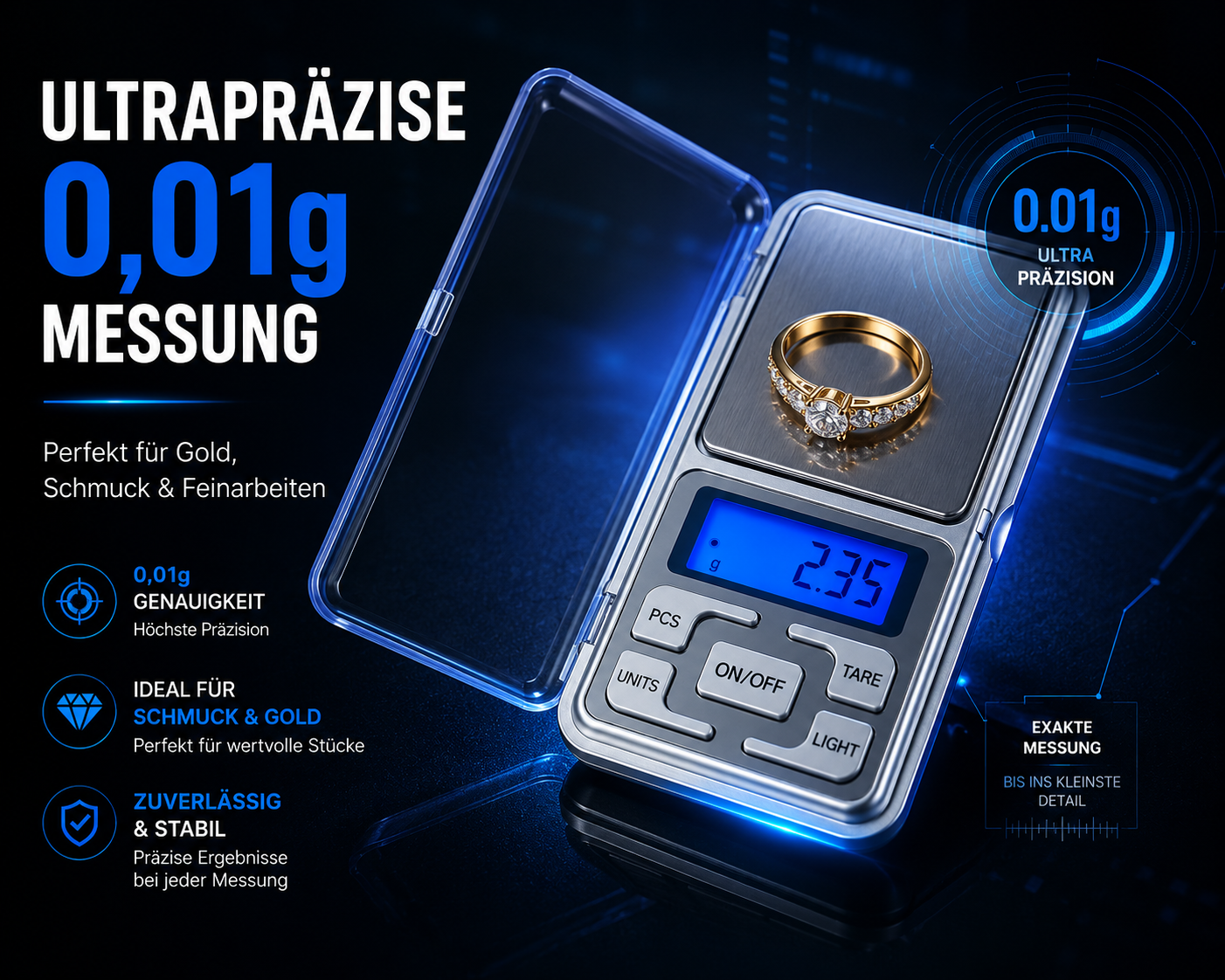 Eine kleine digitale Waage zeigt ein Gewicht von 2,35 g für einen goldenen Ring.