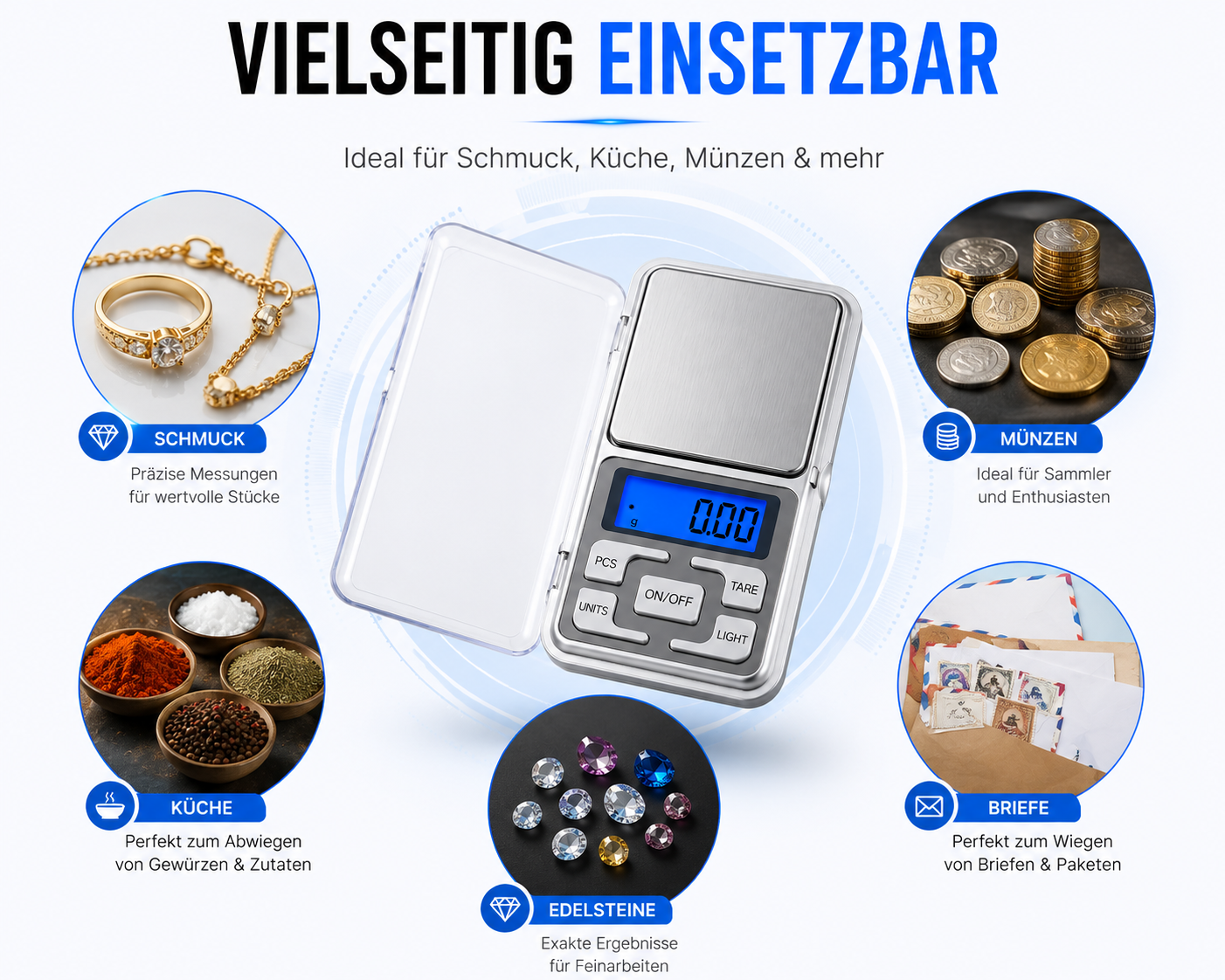 Digitale Taschenwaage im Zentrum mit vier runden Insets, die Schmuck, Münzen, Gewürze und Edelsteine zeigen.